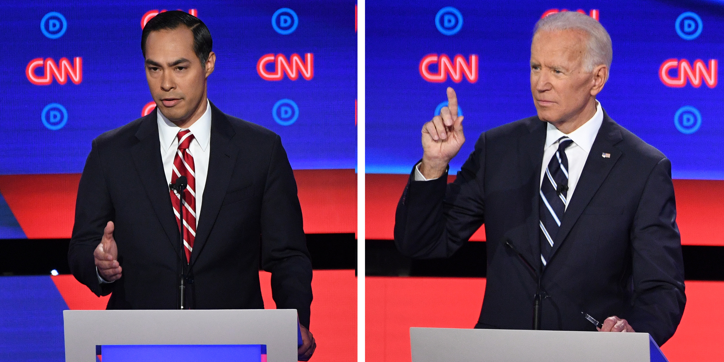 Democratic presidential hopefuls (L-R) Former US Secretary of Housing and Urban Development Julian Castro and Former Vice President Joe Biden during the second round of the second Democratic primary debate of the 2020 presidential campaign season hosted by CNN at the Fox Theatre in Detroit, Michigan on July 31, 2019. (Jim Watson—AFP/Getty Images)