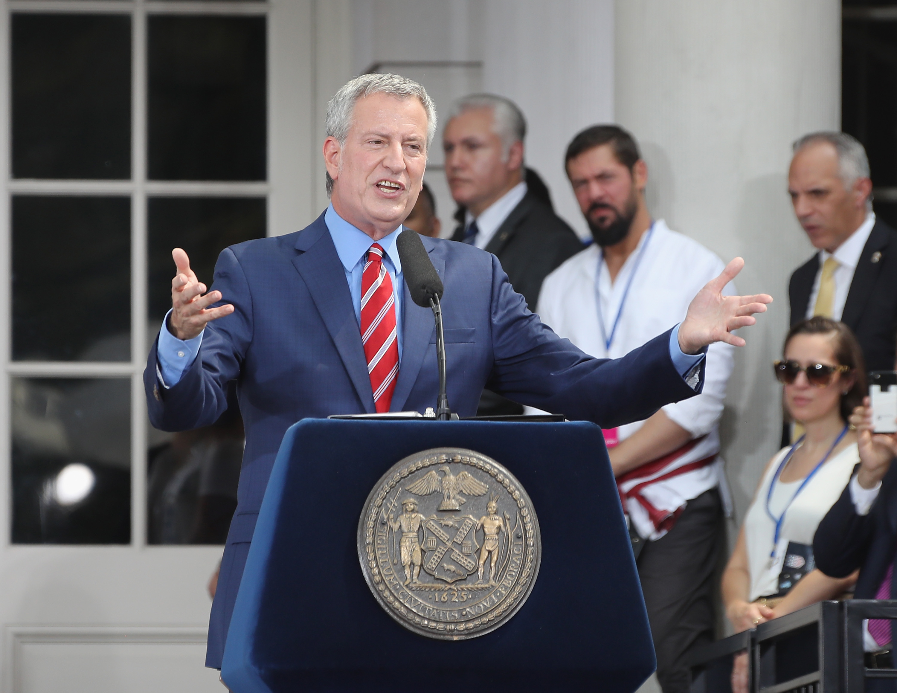Mayor Bill de Blasio speaks at a ceremony honoring the members of the United States Women's National Soccer Team at City Hall on July 10, 2019 in New York City. The honor followed a ticker tape parade up lower Manhattan's "Canyon of Heroes" to celebrate their gold medal victory in the 2019 Women's World Cup in France. (Bruce Bennett—Getty Images)