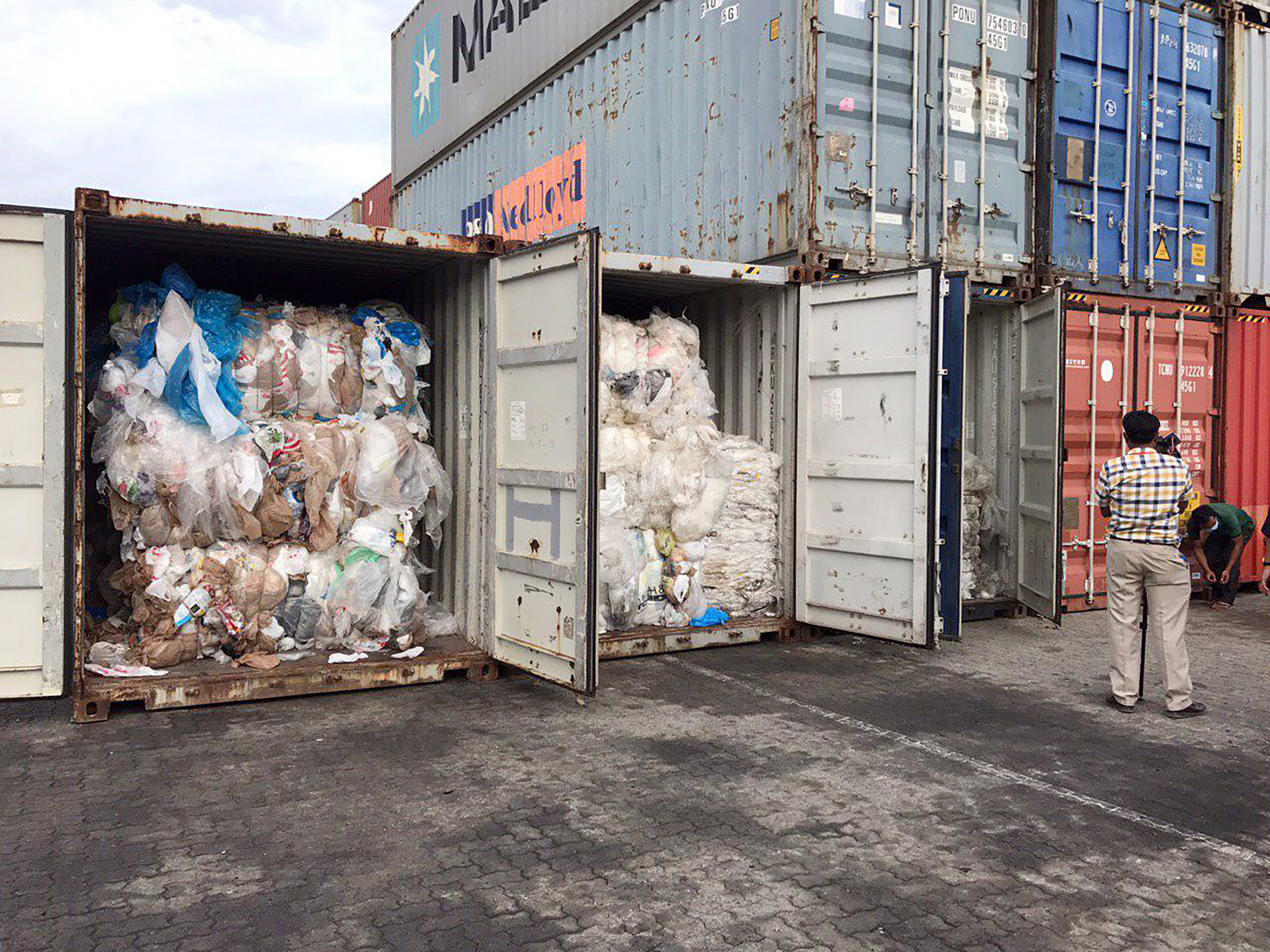 Containers loaded with plastic waste are placed at country beach city, Sihanoukville Port, southwest of Phnom Penh, Cambodia on July 16, 2019. (Sea Seakleng&mdash;AP)