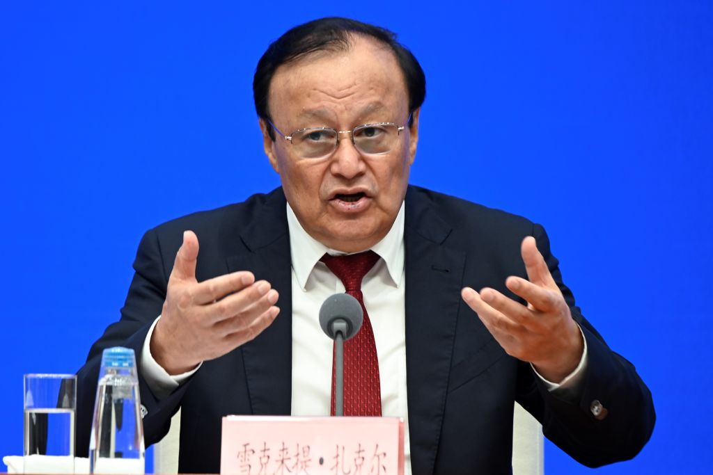 Shohrat Zakir, deputy secretary of the CPC Committee and chair of the Xinjiang Uyghur Autonomous Region, speaks at a press conference in Beijing on July 30, 2019. (Wang Zhao&mdash;AFP/Getty Images)