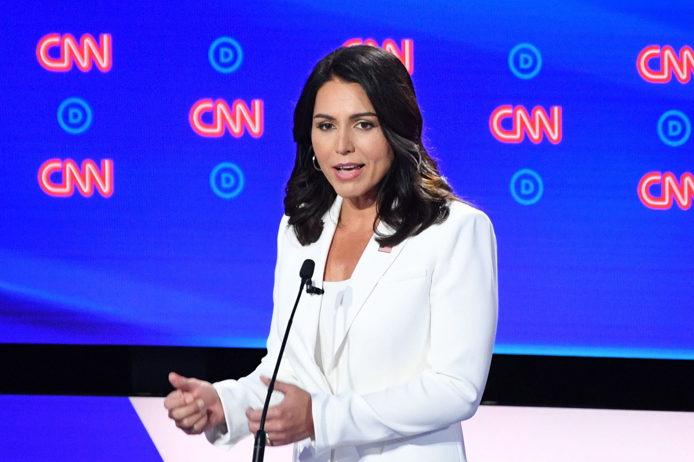 Democratic presidential hopeful US Representative for Hawaii's 2nd congressional district Tulsi Gabbard speaks during the second round of the second Democratic primary debate of the 2020 presidential campaign season hosted by CNN at the Fox Theatre in Detroit, Michigan on July 31, 2019. (Jim Watson—AFP/Getty Images)
