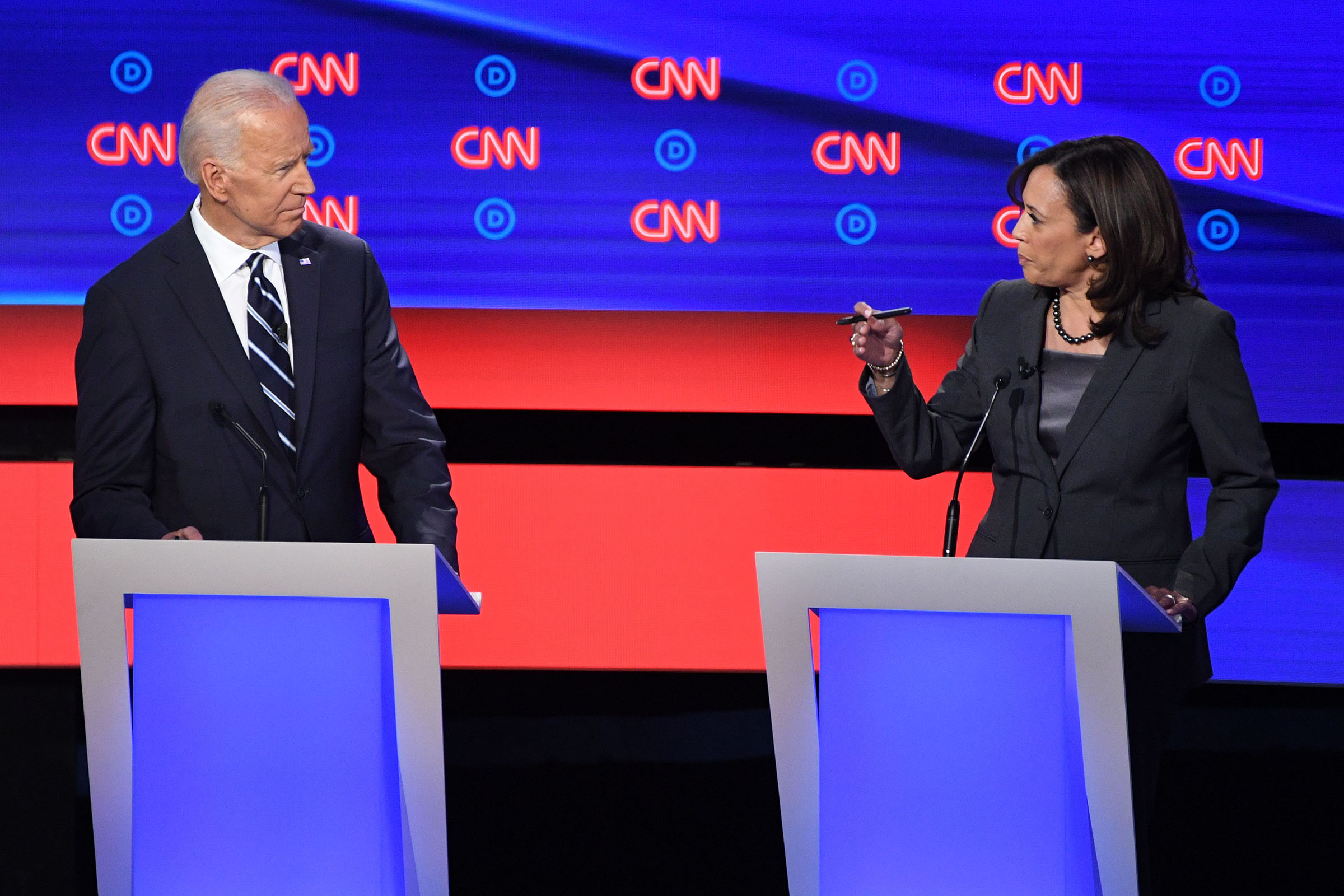 Democratic presidential hopefuls Former Vice President Joe Biden and US Senator from California Kamala Harris speak during the second round of the second Democratic primary debate of the 2020 presidential campaign season hosted by CNN at the Fox Theatre in Detroit, Michigan on July 31, 2019. (Jim Watson—AFP/Getty Images)