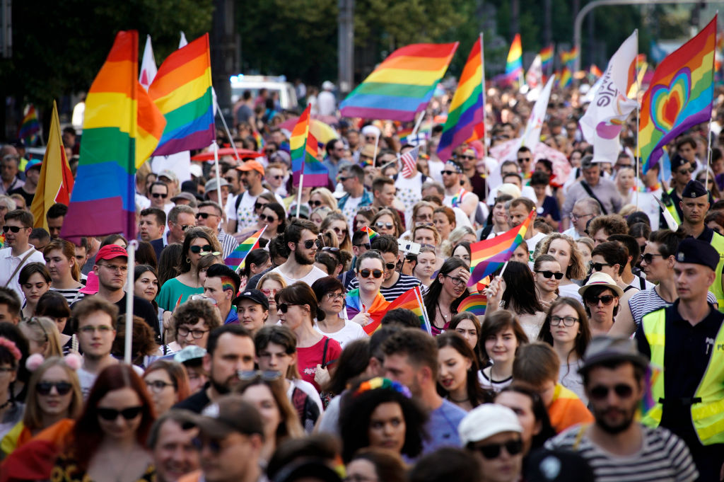 People are seen taking part in the equality parade in Warsaw, Poland on June 8, 2019. Thousands of people took part in the parade meant to celebrate gender equality at a time when the ruling, conservative Law and Justice (PiS) party has aggressively rallied against the LGBT community in order to whip up support from it's mainly Catholic voter base. (Jaap Arriens/NurPhoto via Getty Images)
