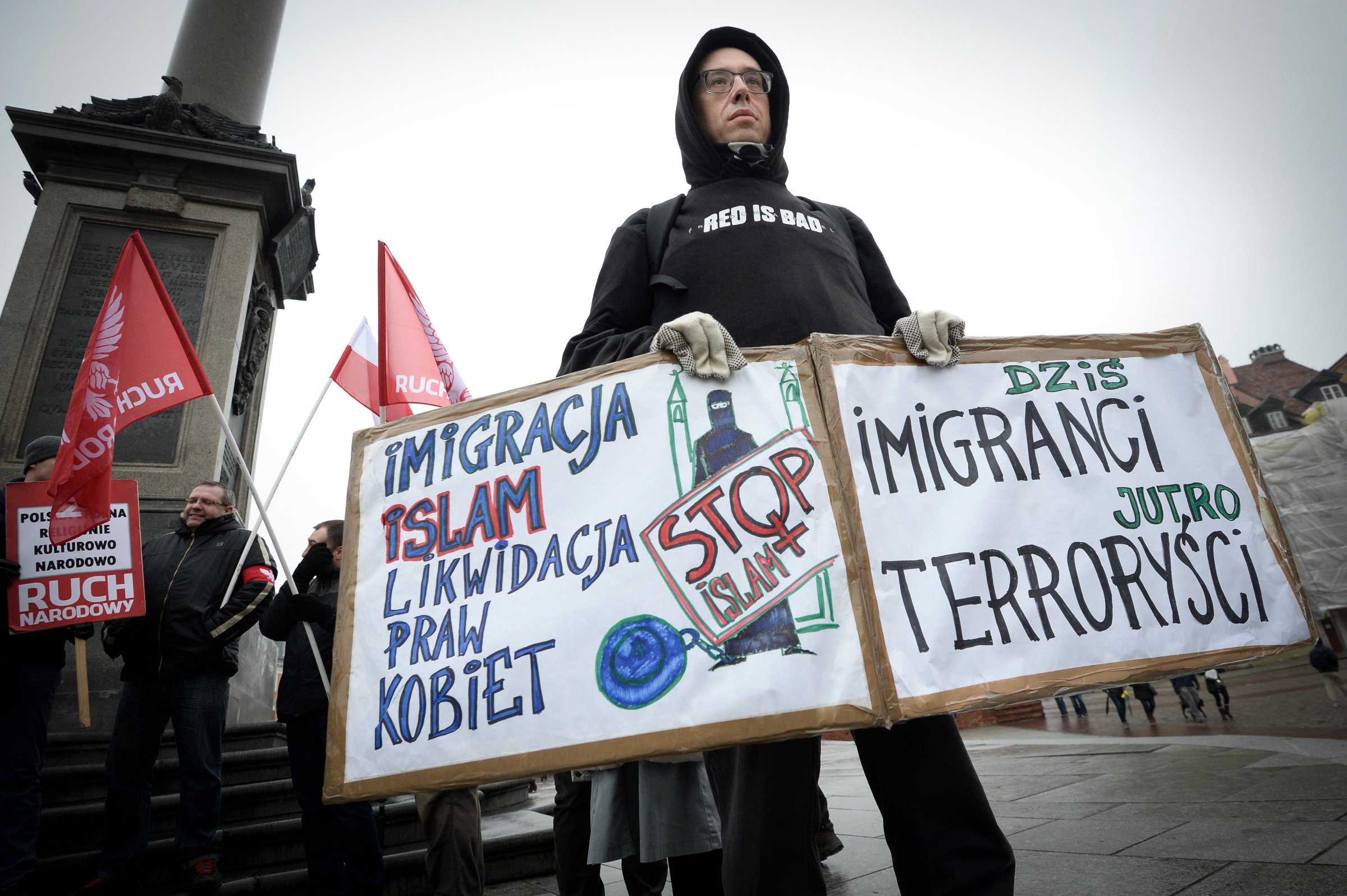 Several dozen members of the National Radical Camp demonstrate against immigration in Warsaw, Poland on Nov. 24, 2018.