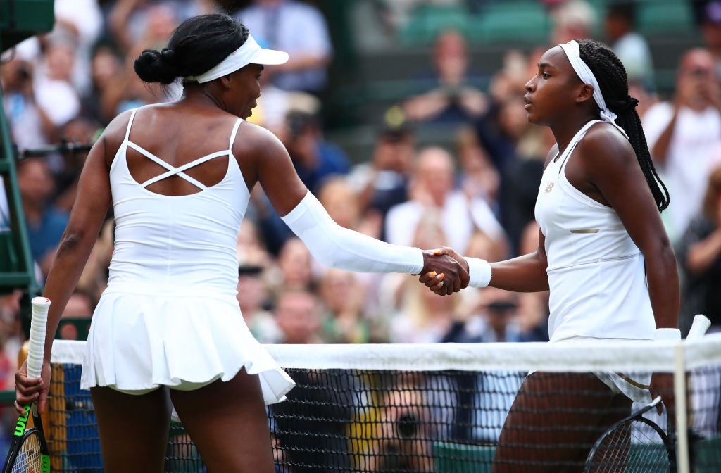 Cori Gauff of the United States shakes hands at the net with Venus Williams of The United States after her Ladies' Singles first round match against Venus Williams of The United States during Day one of The Championships - Wimbledon 2019 at All England Lawn Tennis and Croquet Club in London, England, on July 01, 2019. (Clive Brunskill&mdash;Getty Images)