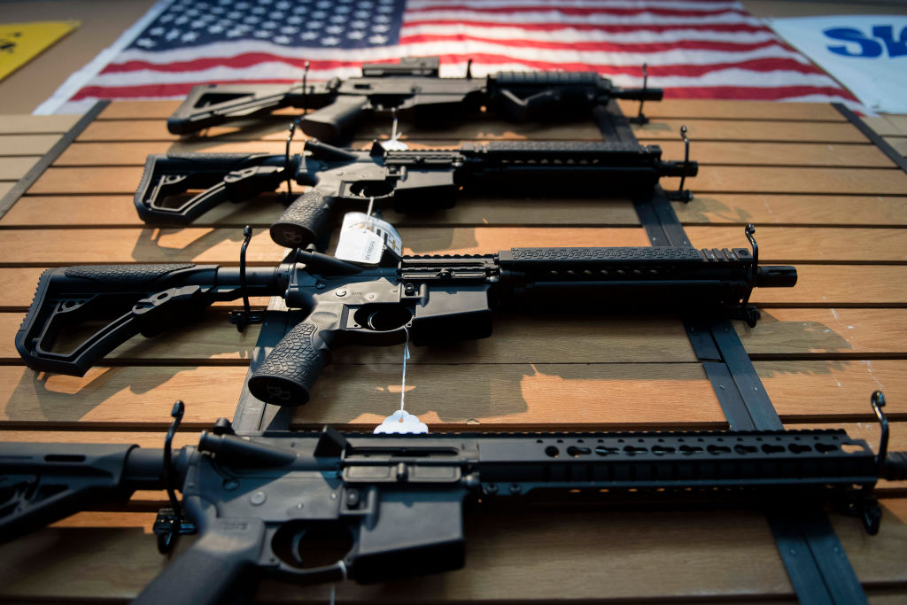 Assault rifles hang on the wall for sale at Blue Ridge Arsenal in Chantilly, Virginia, on Oct. 6, 2017. (Jim Watson&mdash;AFP/Getty Images)