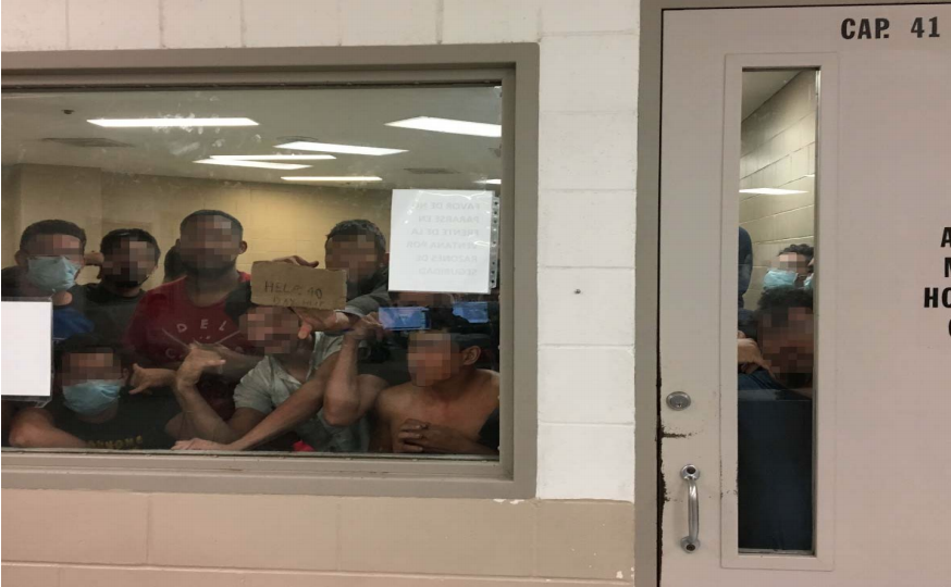 Eighty-eight adult males held in a cell with maximum capacity of 41, some signaling prolonged detention to Office of Inspector General (OIG) staff, observed by OIG on June 12, 2019, at Border Patrol's Fort Brown Station. (Department of Homeland Security Office of the Inspector General)