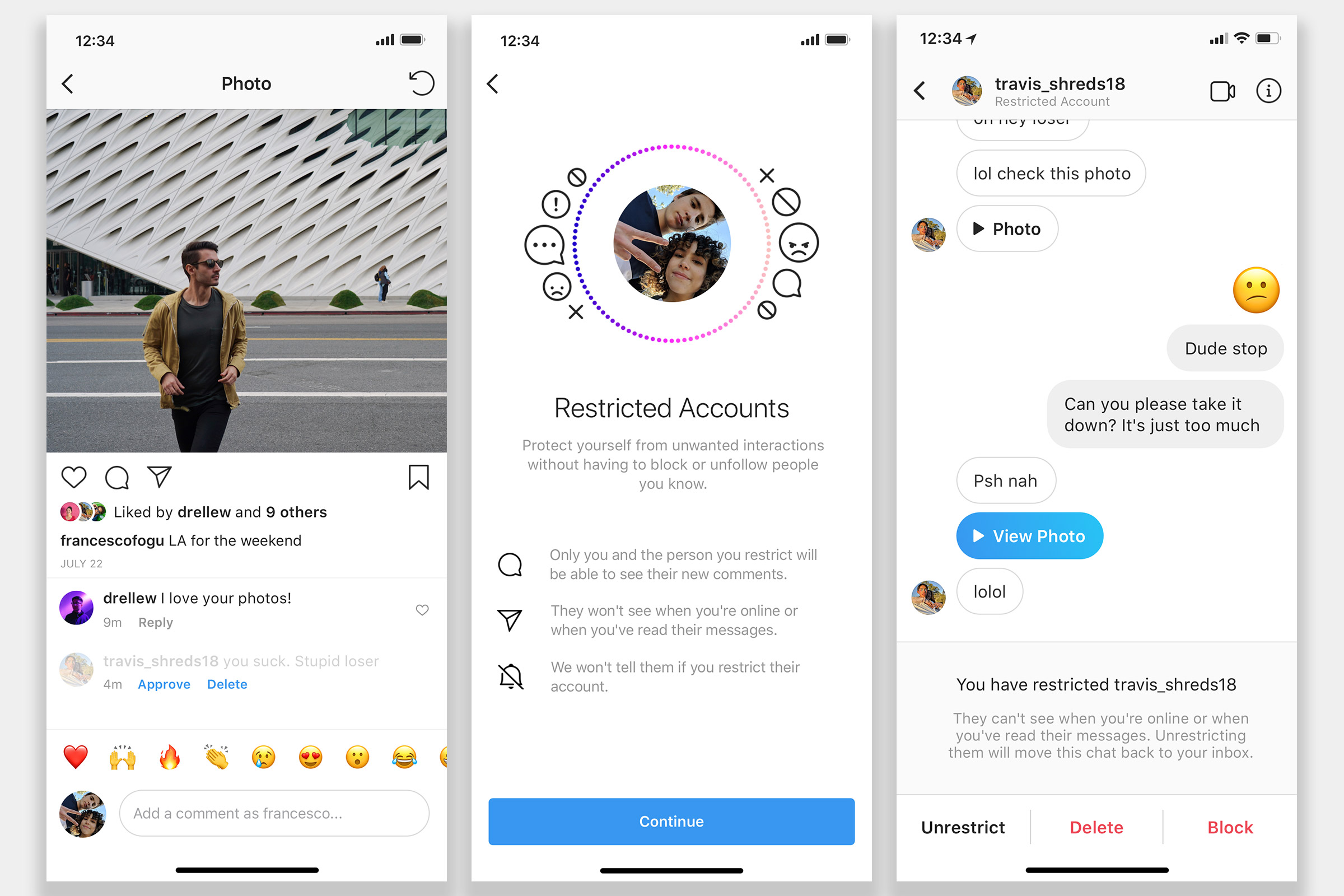 Instagram will soon start testing a new feature, Restrict, that is meant to give users the ability to "put some space" between themselves and bullies. (Courtesy of Instagram)