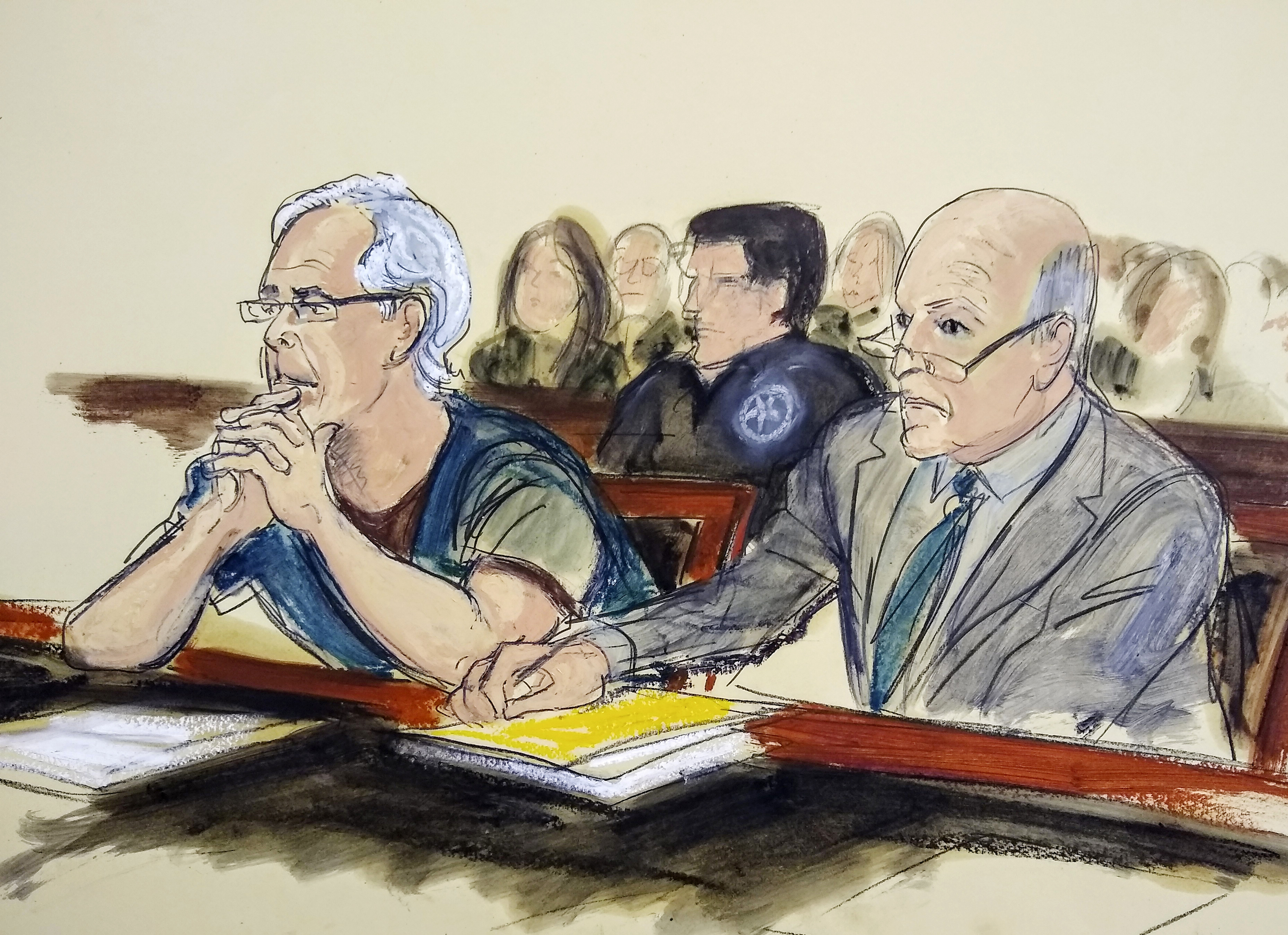 In this courtroom artist's sketch, defendant Jeffrey Epstein, left, and his attorney Martin Weinberg listen during a bail hearing in federal court, Monday, July 15, 2019 in New York. Epstein's lawyers want him released on house arrest to his Manhattan home while he awaits trial. (Elizabeth Williams via AP) (Elizabeth Williams/AP)