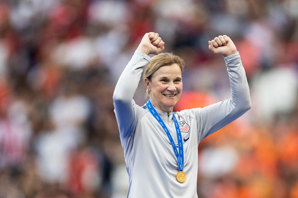 Jill Ellis, Head Coach of USA, celebrates following her sides victory in the 2019 FIFA Women's World Cup France Final match between The United States of America and The Netherlands at Stade de Lyon on July 7, 2019 in Lyon, France. (Maja Hitij—Getty Images)