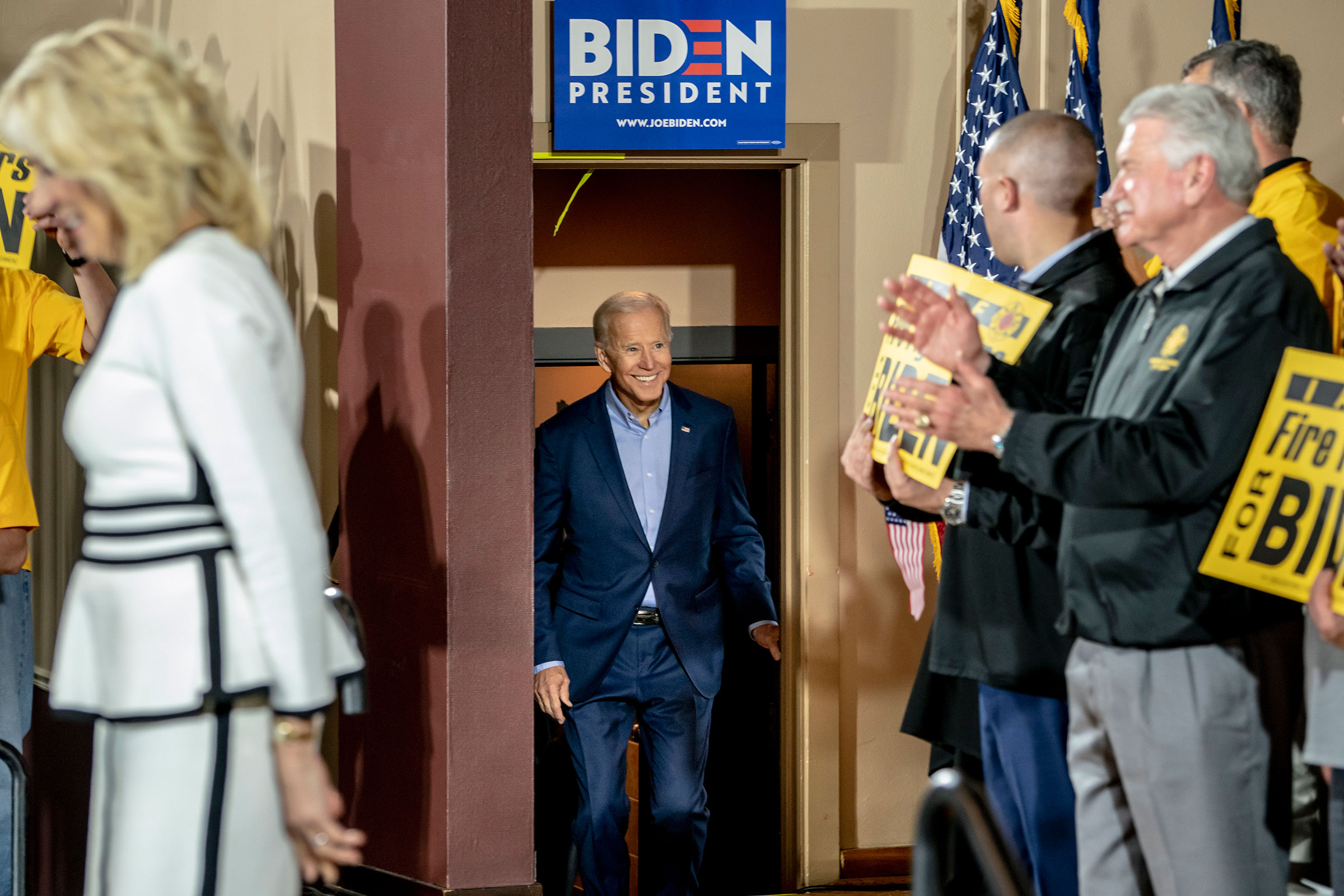 Biden made his first campaign stop on April 29 at the Teamsters Local 249 hall in Pittsburgh. (Mark Peterson—Redux)