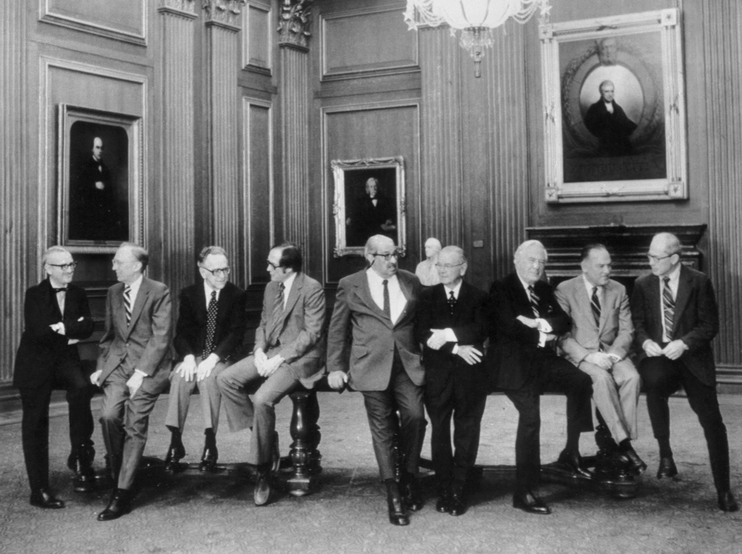 In 1977, the U.S. Supreme Court posed for what was believed to be the first casual portrait of the entire court. At left: Associate Justice John Paul Stevens. (Bettmann Archive/Getty Images)