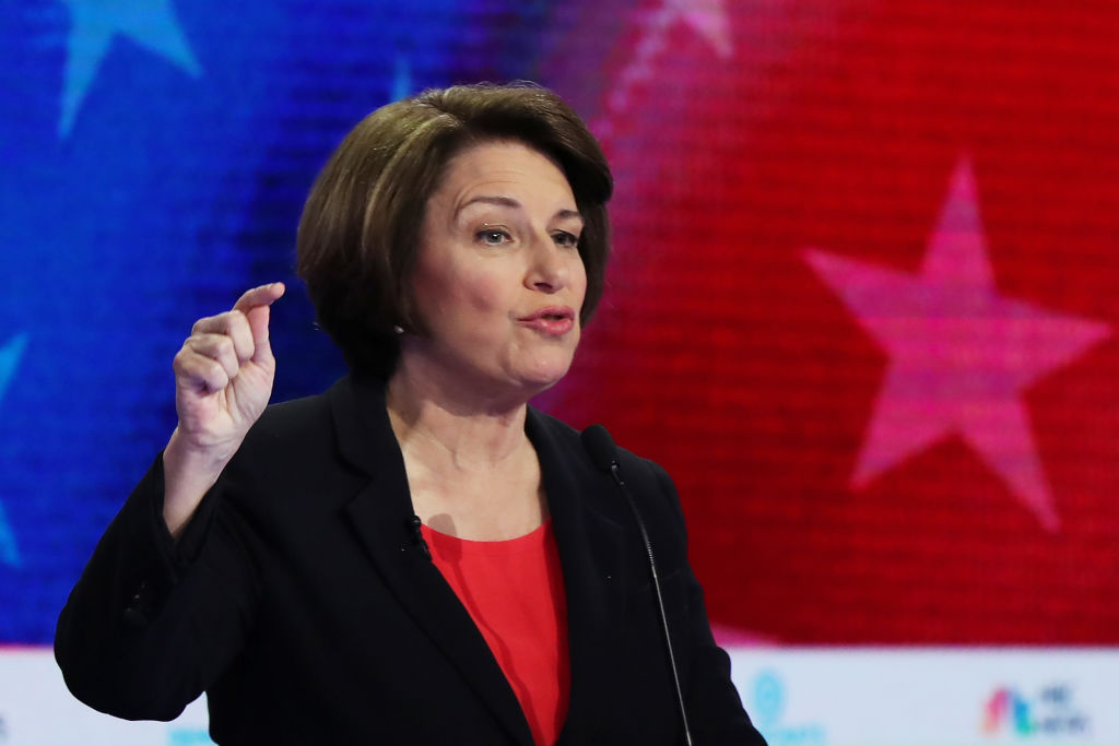 MIAMI, FLORIDA - JUNE 26: Sen. Amy Klobuchar (D-MN) speaks during the first night of the Democratic presidential debate on June 26, 2019 in Miami, Florida.  A field of 20 Democratic presidential candidates was split into two groups of 10 for the first debate of the 2020 election, taking place over two nights at Knight Concert Hall of the Adrienne Arsht Center for the Performing Arts of Miami-Dade County, hosted by NBC News, MSNBC, and Telemundo. (Photo by Joe Raedle/Getty Images) (Joe Raedle&mdash;Getty Images)