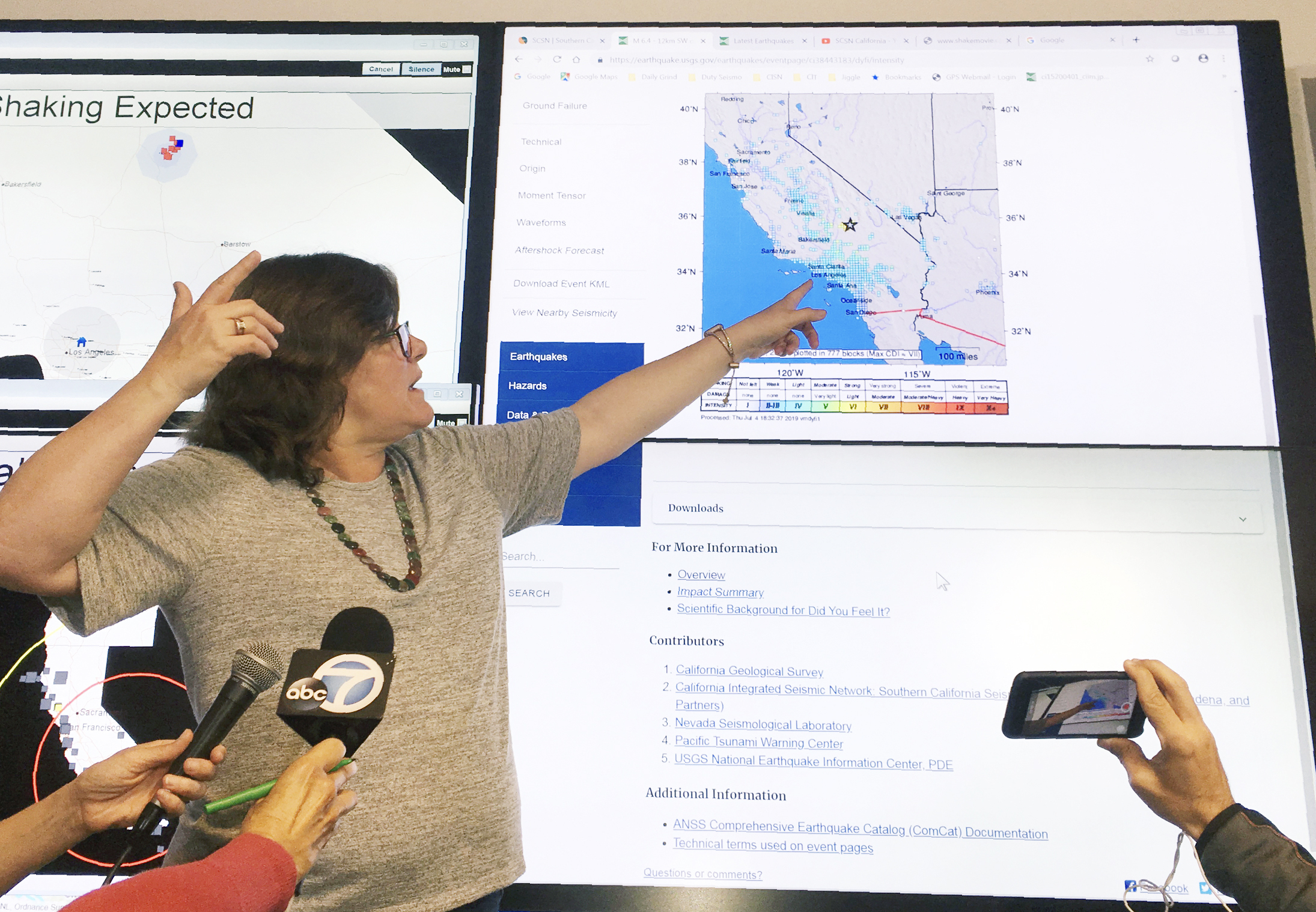 Seismologist Lucy Jones talks during a news conference at the Caltech Seismological Laboratory in Pasadena, Calif., Thursday, July 4, 2019. A strong earthquake rattled a large swath of Southern California and parts of Nevada on Thursday morning, making hanging lamps sway and photo frames on walls shake. There were no immediate reports of damage or injuries but a swarm of aftershocks were reported. (John Antczak—AP)