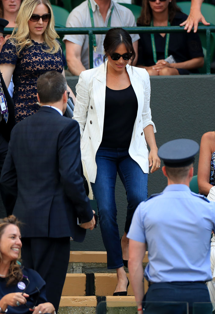 Duchess of Sussex arrives to watch Serena Williams on court one on day four of the Wimbledon Championships at the All England Lawn Tennis and Croquet Club, Wimbledon. (Mike Egerton - PA Images—PA Images via Getty Images)