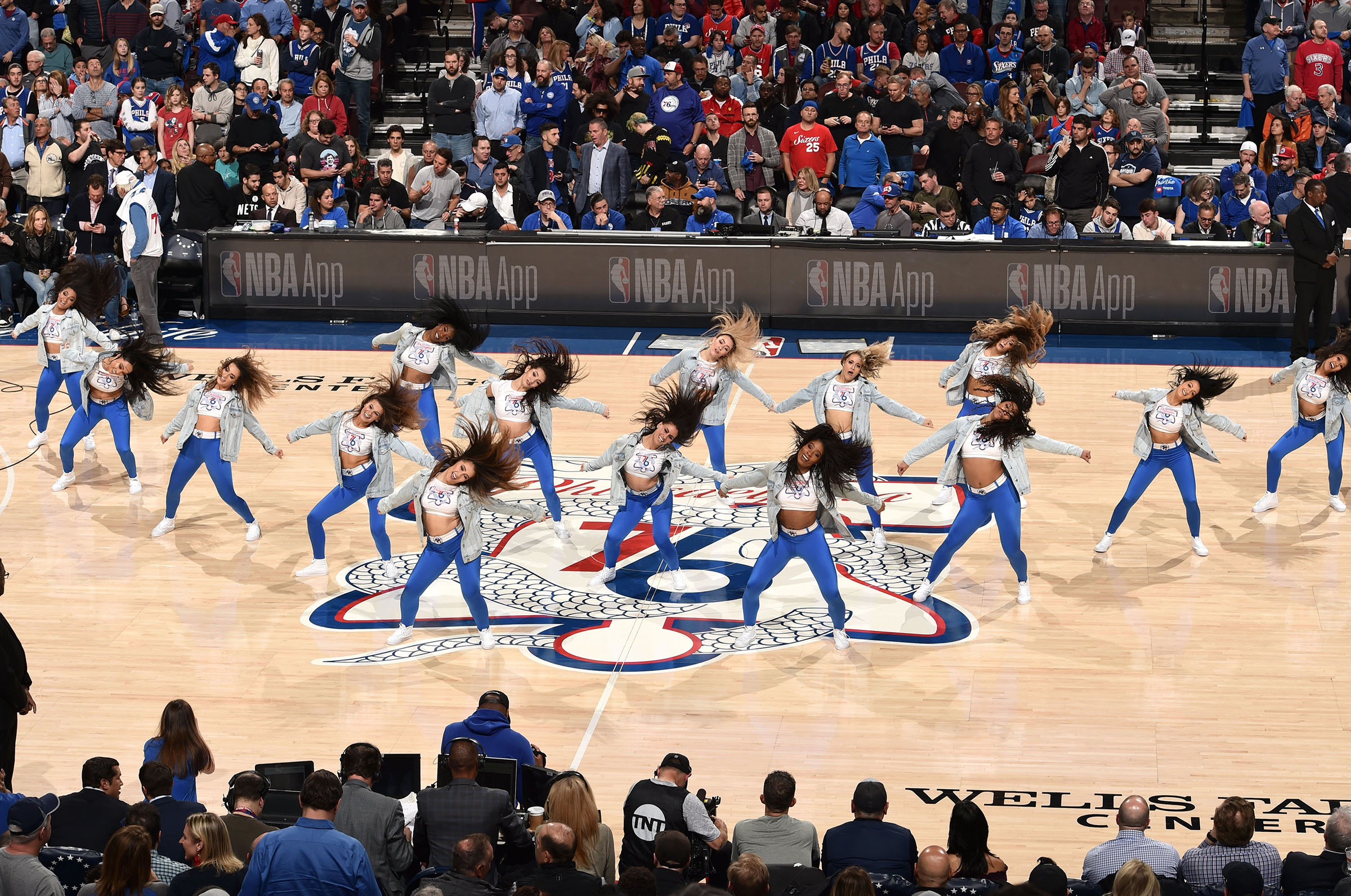 The Sixers Dancers perform in Game Two of Round One between the Brooklyn Nets and the Philadelphia 76ers during the 2019 NBA Playoffs on April 15, 2019 at the Wells Fargo Center in Philadelphia, Pennsylvania. (David Dow—NBAE via Getty Images)