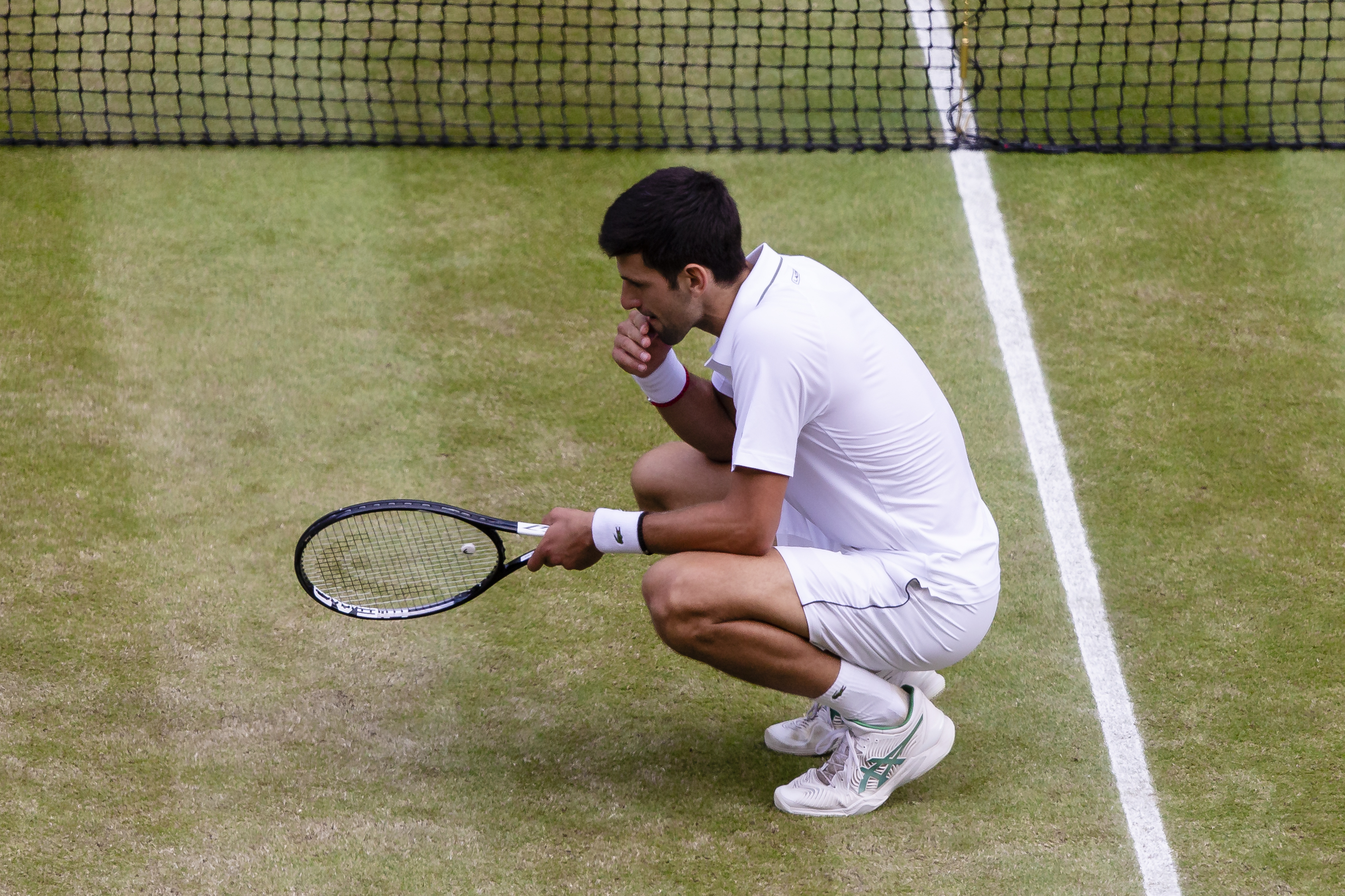 Grand Slam/ATP Tour, Wimbledon, Individual, Men, Final, Djokovic (Serbia) - Federer (Switzerland). Novak Djokovic squats on the grass after the match. Photo: Frank Molter/dpa (Photo by Frank Molter/picture alliance via Getty Images) (picture alliance&amp; via Getty Image)