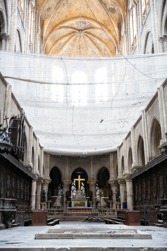 Netting installed to catch falling debris inside Notre Dame on July 11, 2019.
