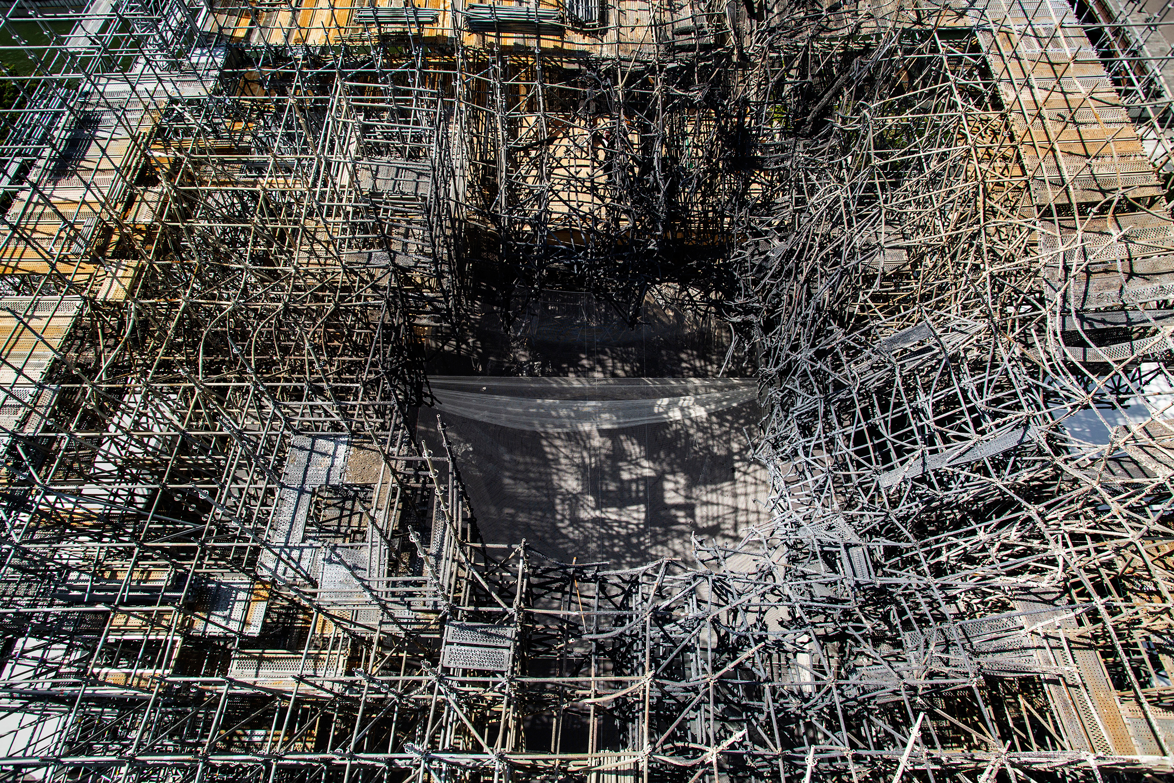 Burnt scaffolding, as seen from above in late July, will be removed. (Patrick Zachmann—Magnum Photos for TIME)