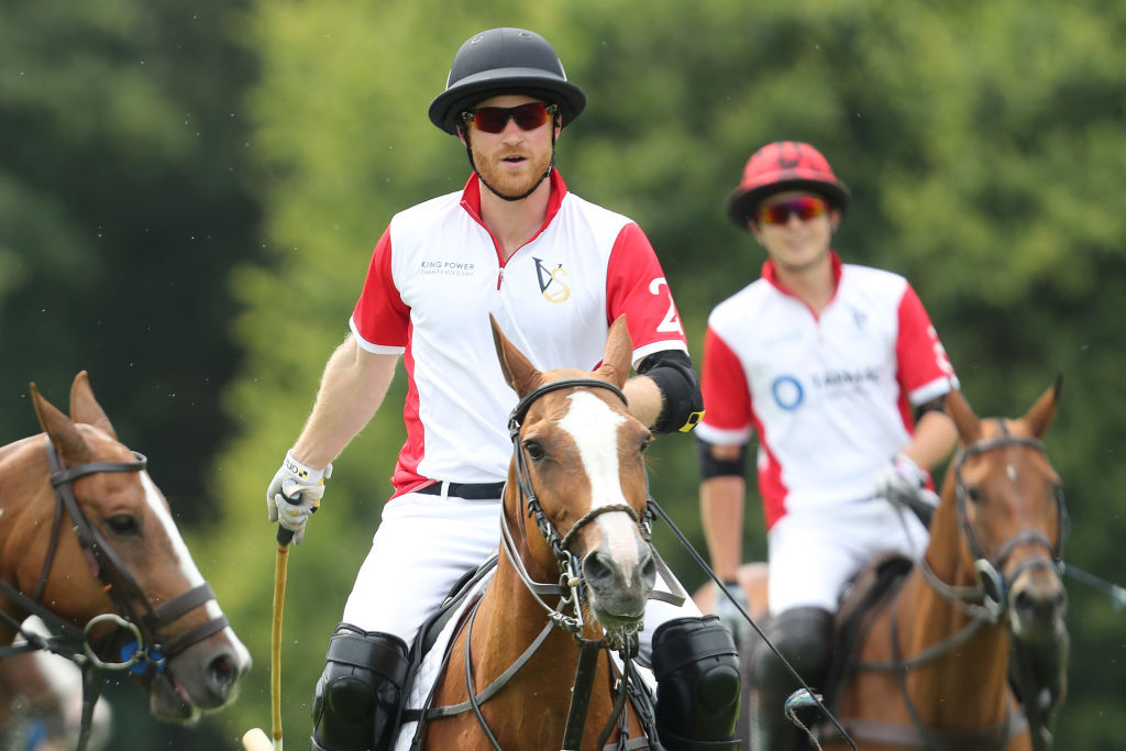 Prince Harry, Duke of Sussex competes during King Power Royal Charity Polo Day for the Vichai Srivaddhanaprabha Memorial Trophy at Billingbear Polo Club on July 10, 2019 in Wokingham, England. (Chris Jackson—Getty Images for The King Power)