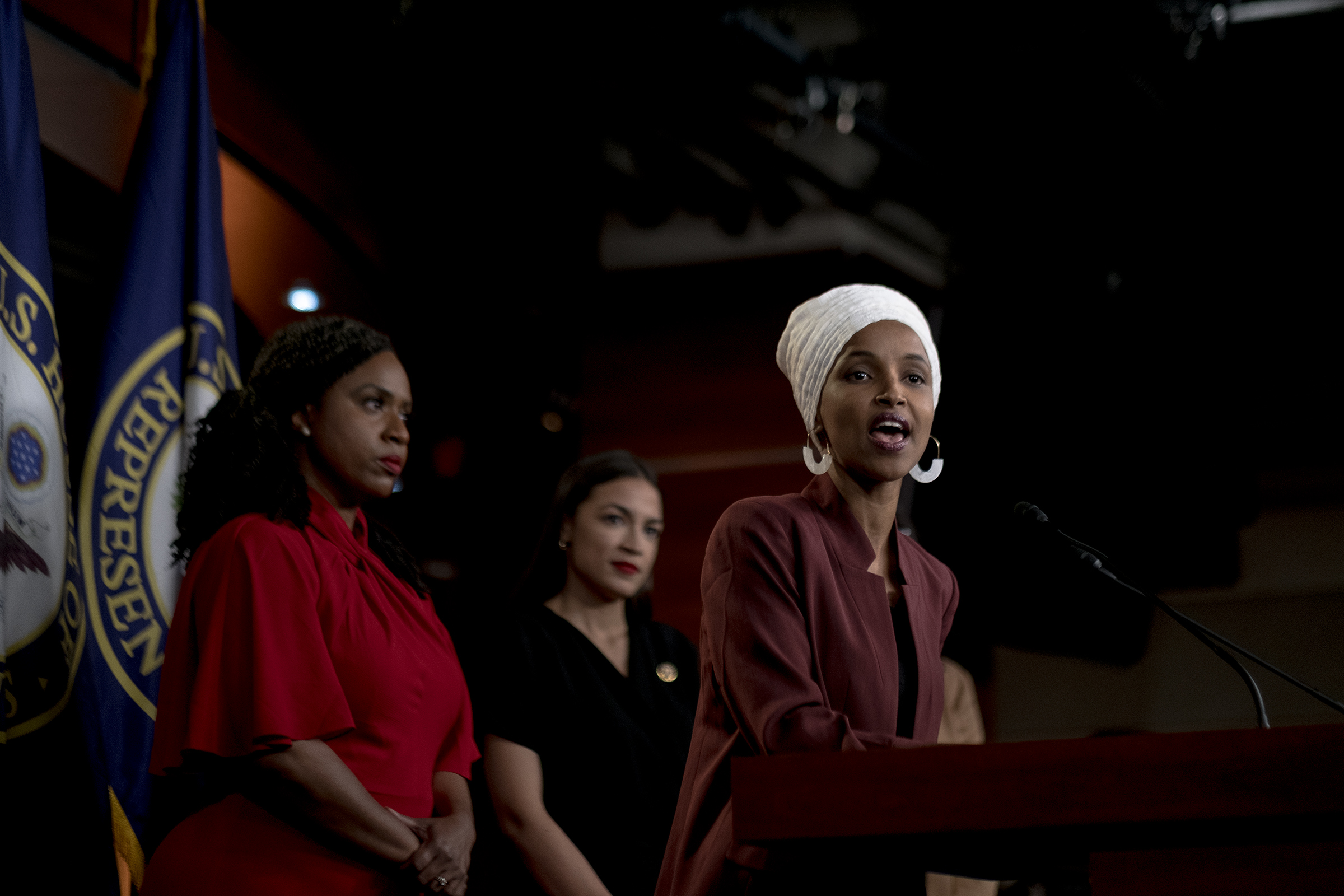 Omar speaks at a press conference following Trump's racist Twitter attack on July 15, 2019. (Gabriella Demczuk for TIME)