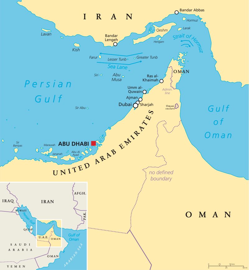 Strait of Hormuz, Abu Musa and the Tunbs political map. The Strait is the only sea passage from Persian Gulf to Arabian Sea and one of the most strategically important choke points in world