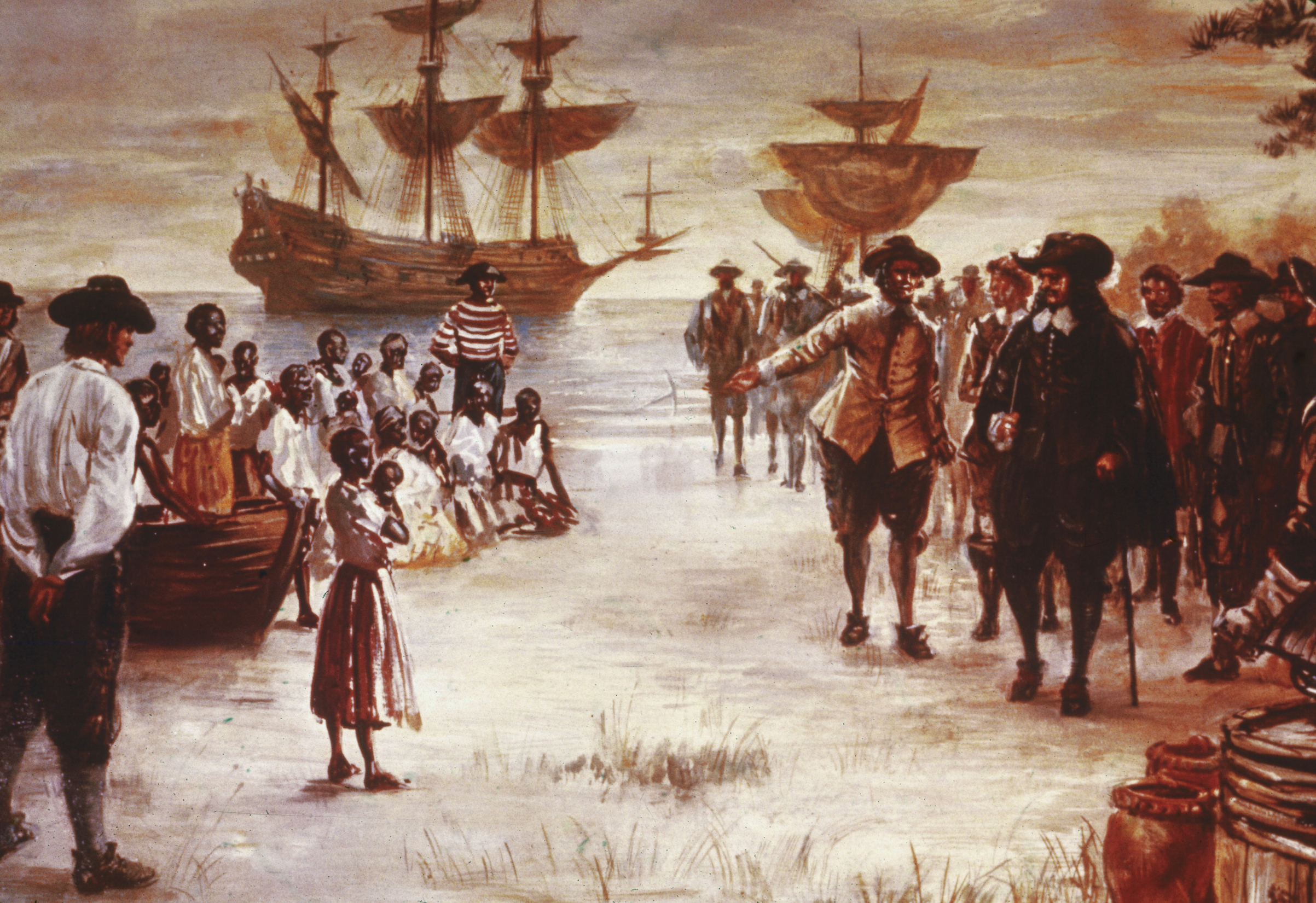Engraving shows the arrival of a ship with a group of Africans for sale in Virginia in 1619 (Hulton Archive/Getty Images)