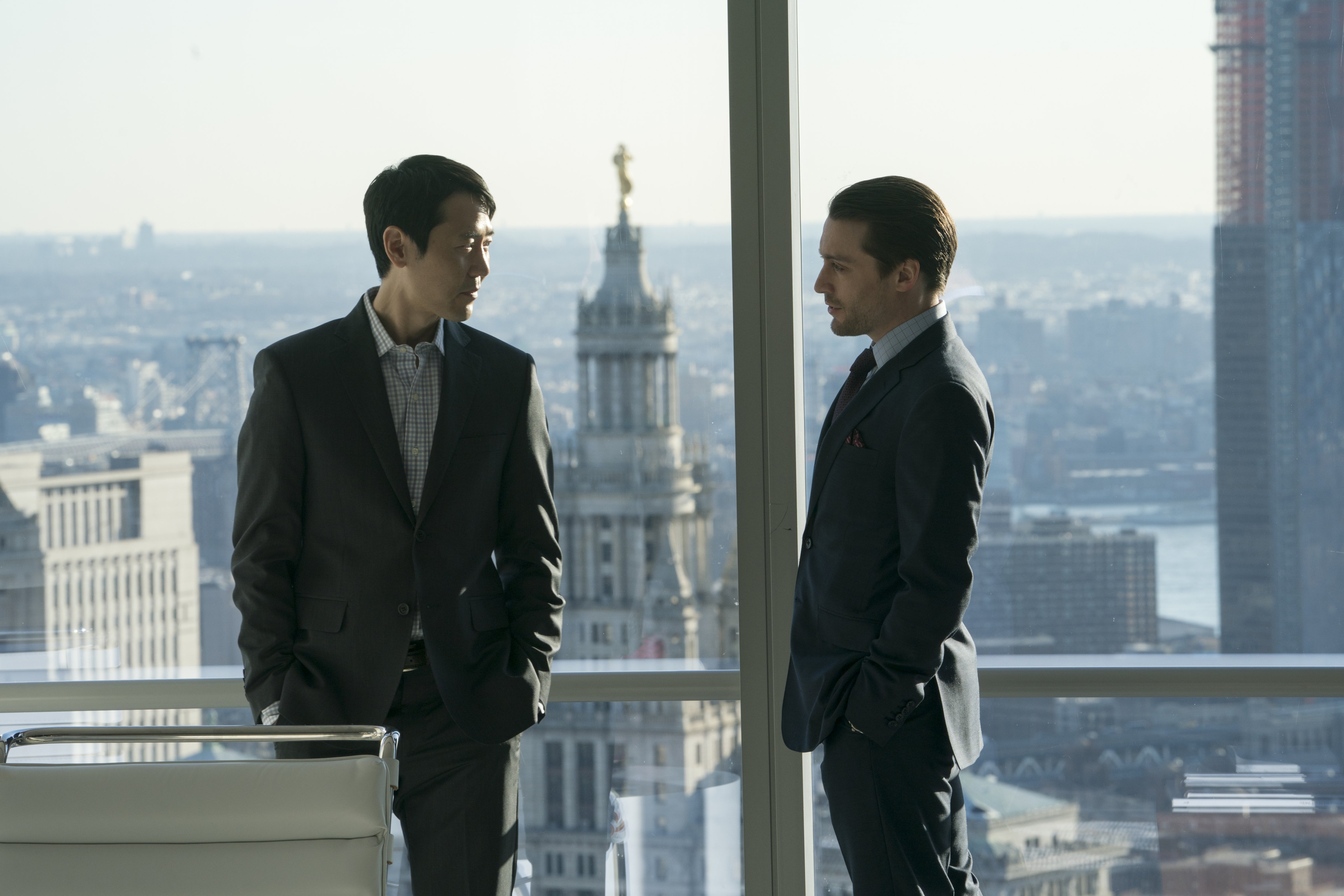 Rob Yang as Lawrence Yee (left) in 'Succession.' (Peter Kramer/HBO)