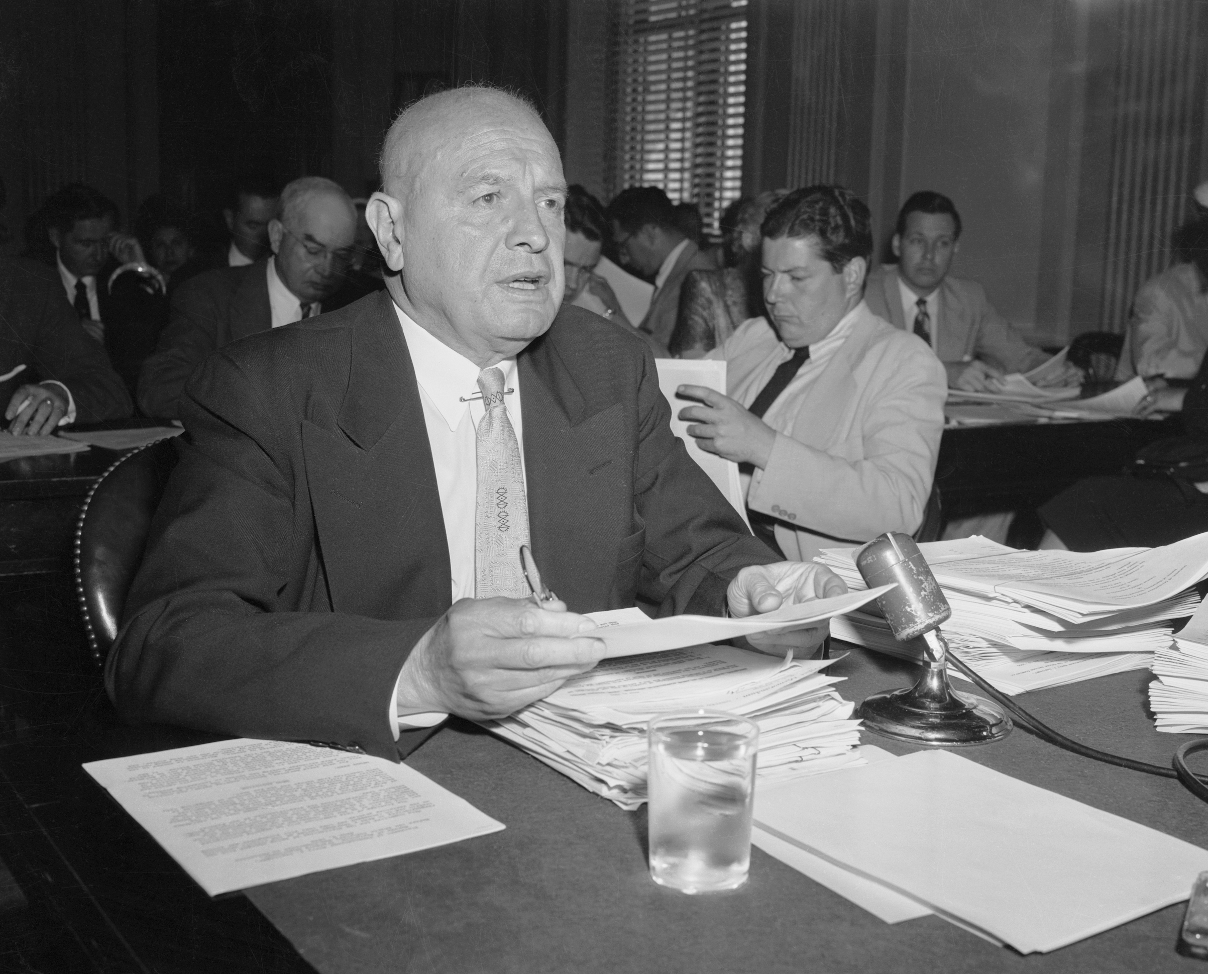 Narcotics Commissioner Harry J. Anslinger as he testifies before the Senate Judiciary Subcommittee in 1955. (Bettmann/Getty Images)