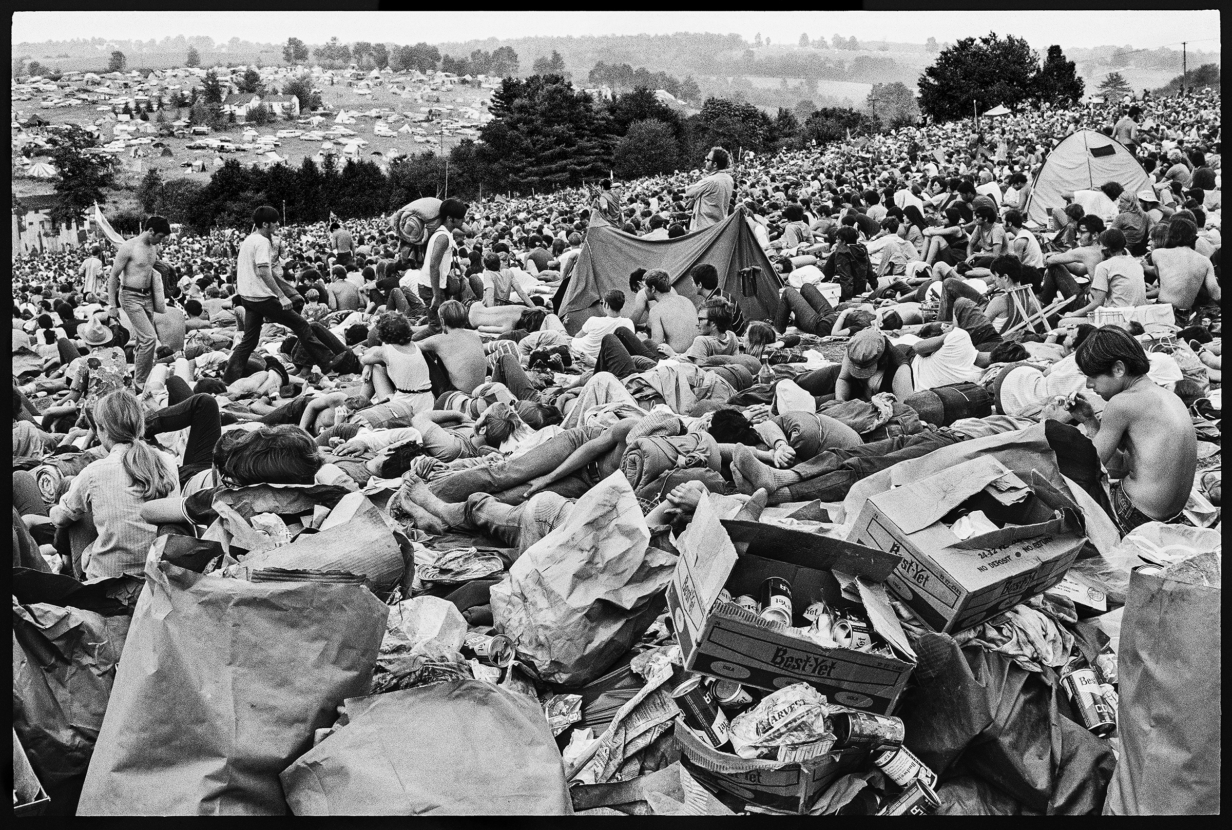 A crowd on the hillside at Woodstock.