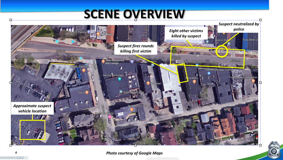 This map from the Dayton Police Department shows the path the gunman took in his 32-second shooting spree in the Oregon District of Dayton, Ohio early Sunday, Aug. 4, 2019. (Dayton Police Department)