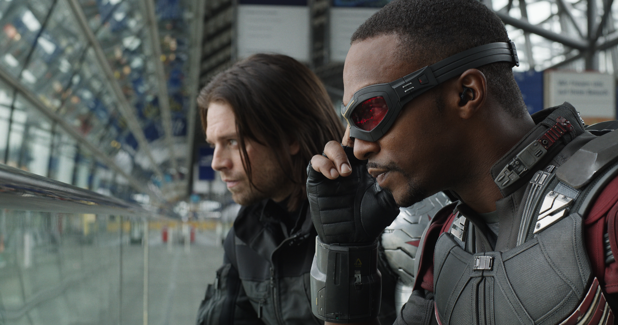 Winter Soldier/Bucky Barnes (Sebastian Stan) and Sam Wilson/Falcon (Anthony Mackie) in <i>Captain America: Civil War</i> (Film Frame—Marvel Studios)