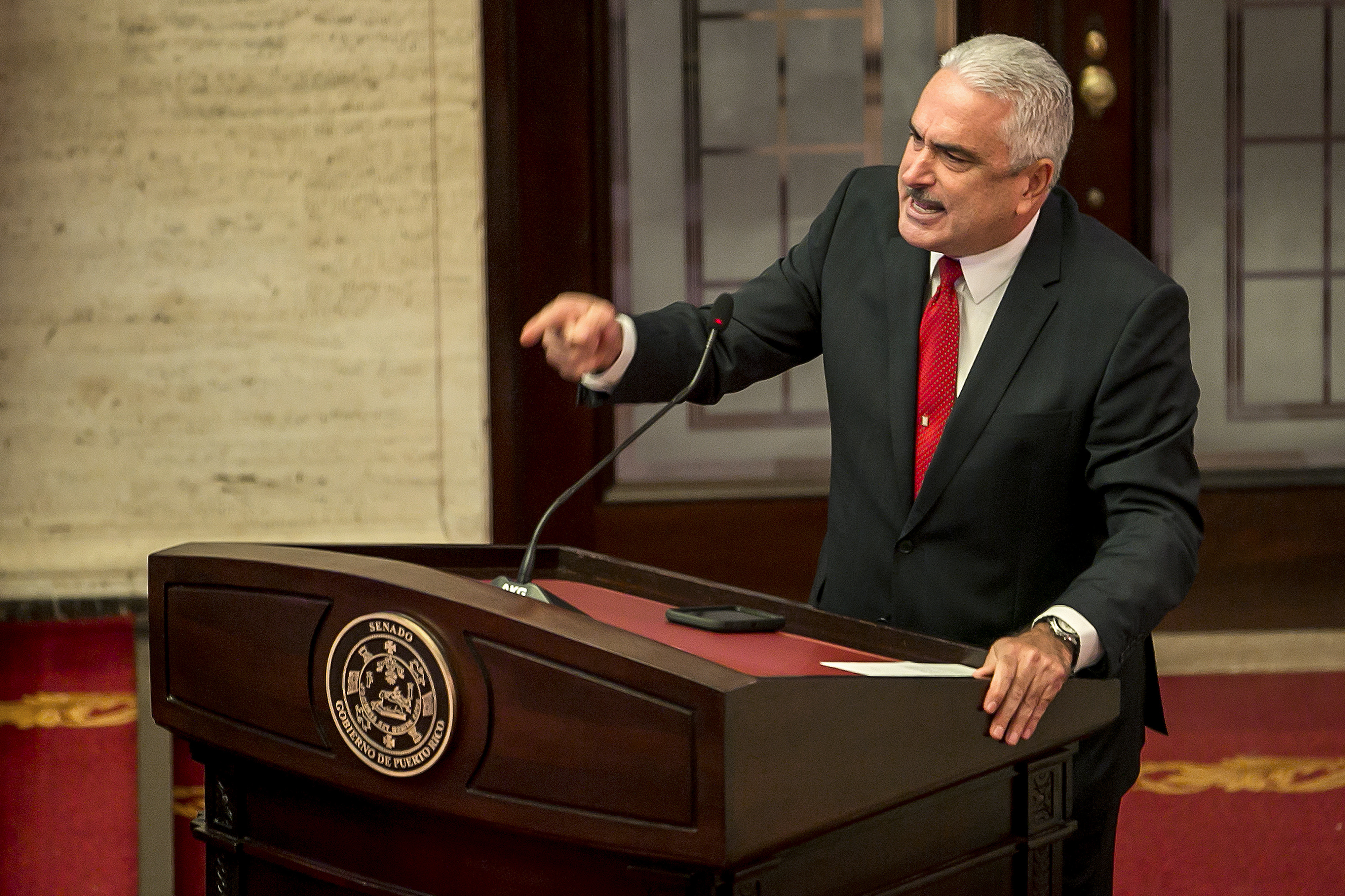 Thomas Rivera Schatz, president of the Senate of Puerto Rico, speaks during a special session of the Legislative Assembly at the Capitol building in San Juan, Puerto Rico, on Thursday, Aug. 1, 2019. Embattled Puerto Rico Governor Ricardo Rossello's nomination of his successor is heading into crucial last-minute votes amid doubts that lawmakers will confirm his pick, creating a potential leadership void for the bankrupt island. (Bloomberg—Bloomberg via Getty Images)
