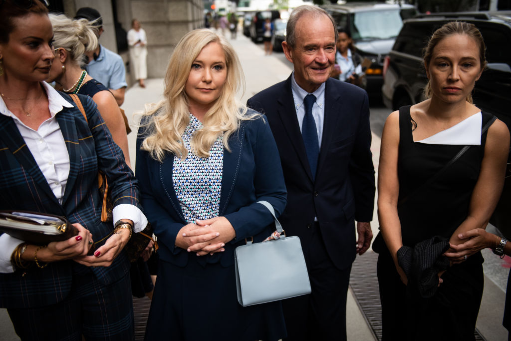 David Boies, representing several of Jeffrey Epstein's alleged victims, center, arrives with Annie Farmer, right, and Virginia Giuffre, alleged victims of Jeffrey Epstein, second left, at federal court in New York, U.S., on Tuesday, Aug. 27, 2019. (Mark Kauzlarich – Bloomberg/Getty Images)