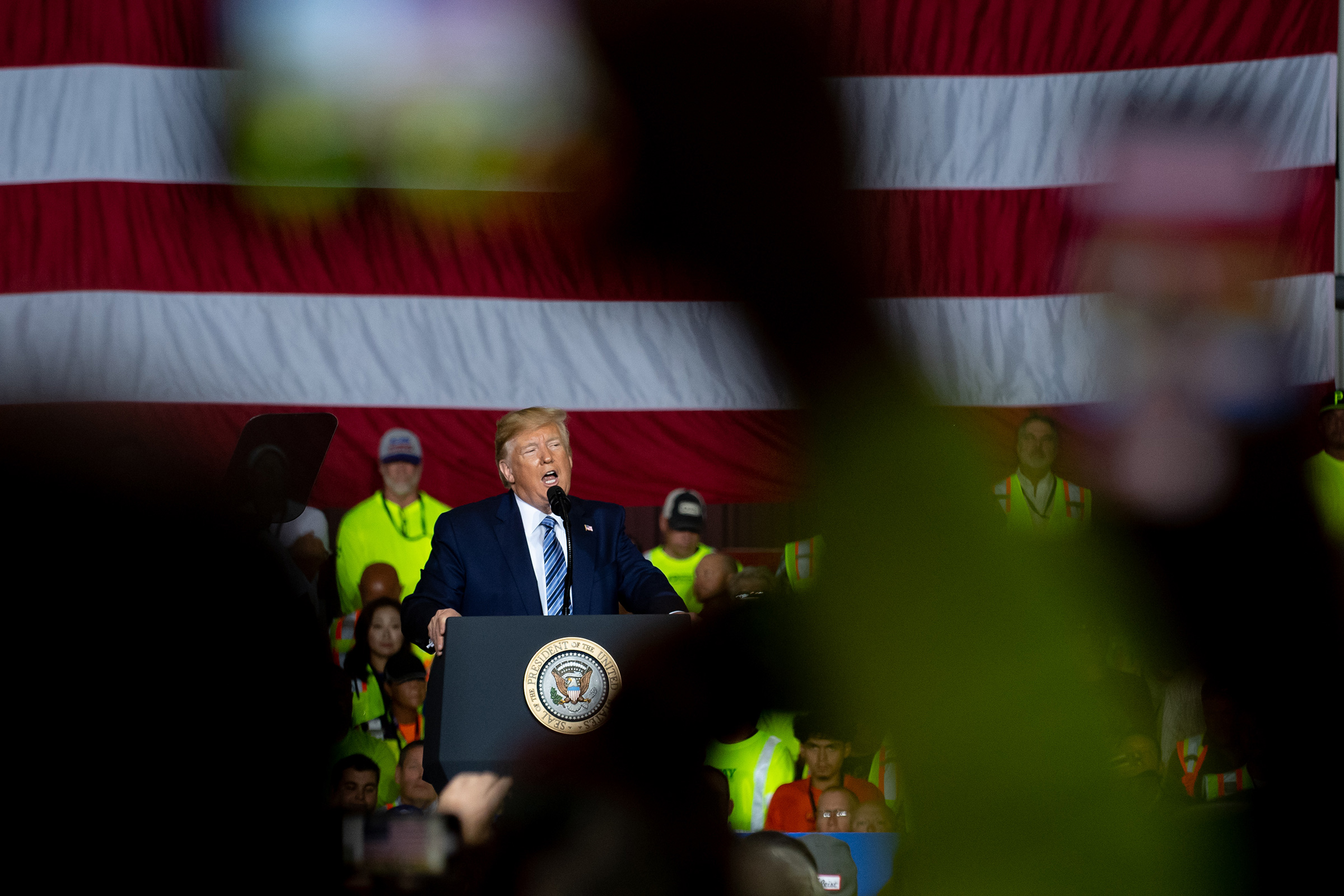 President Donald Trump speaks to contractors at the Shell Chemicals Petrochemical Complex on Aug. 13, 2019 in Monaca, Pa. (Jeff Swensen—Getty Images)