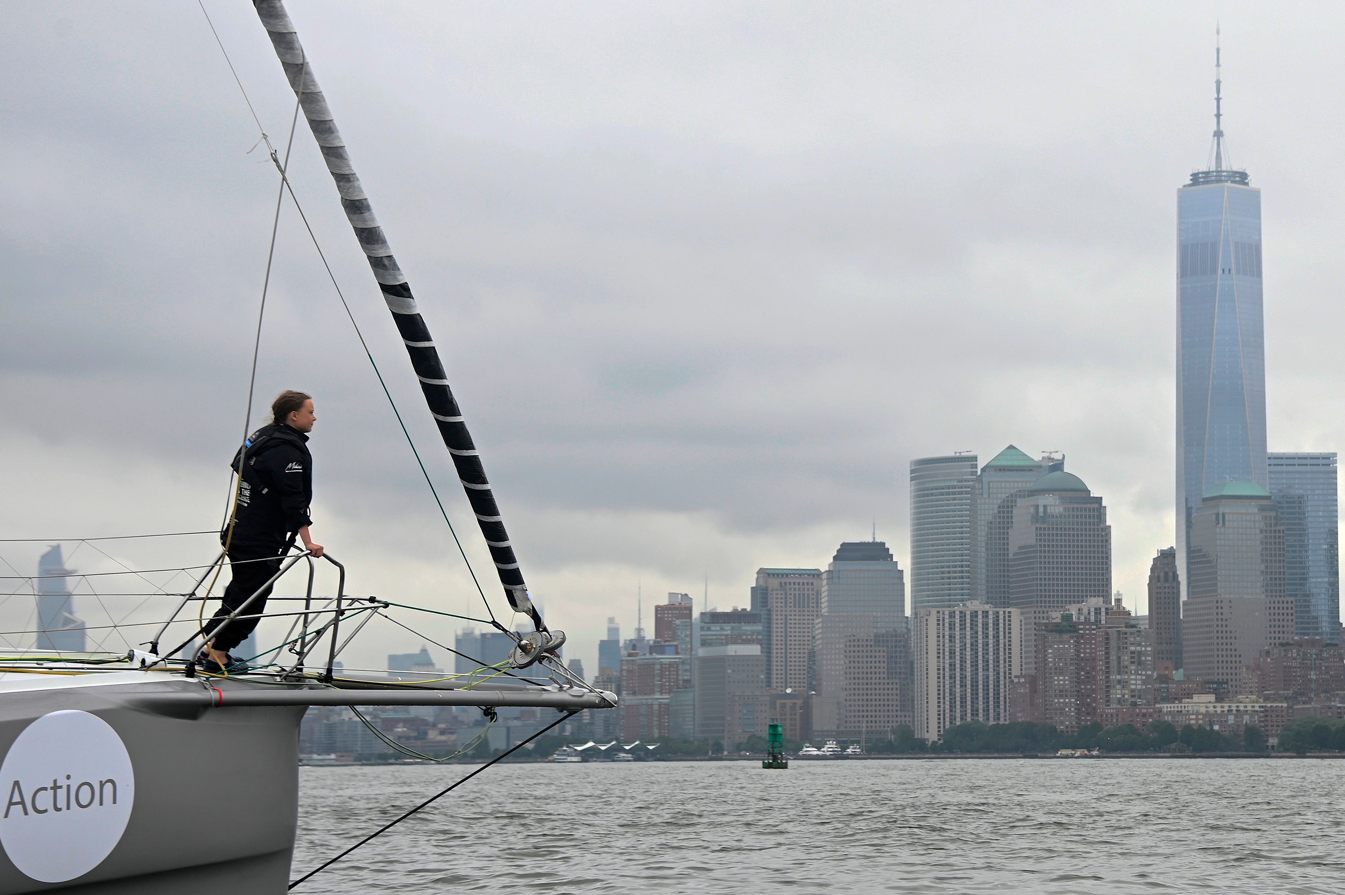 The Malizia II, a zero-carbon yacht, with Swedish climate activist Greta Thunberg, 16, arrives in the US after a 15-day journey crossing the Atlantic in on Aug. 28, 2019 in New York. (JOHANNES EISELE—AFP/Getty Images)
