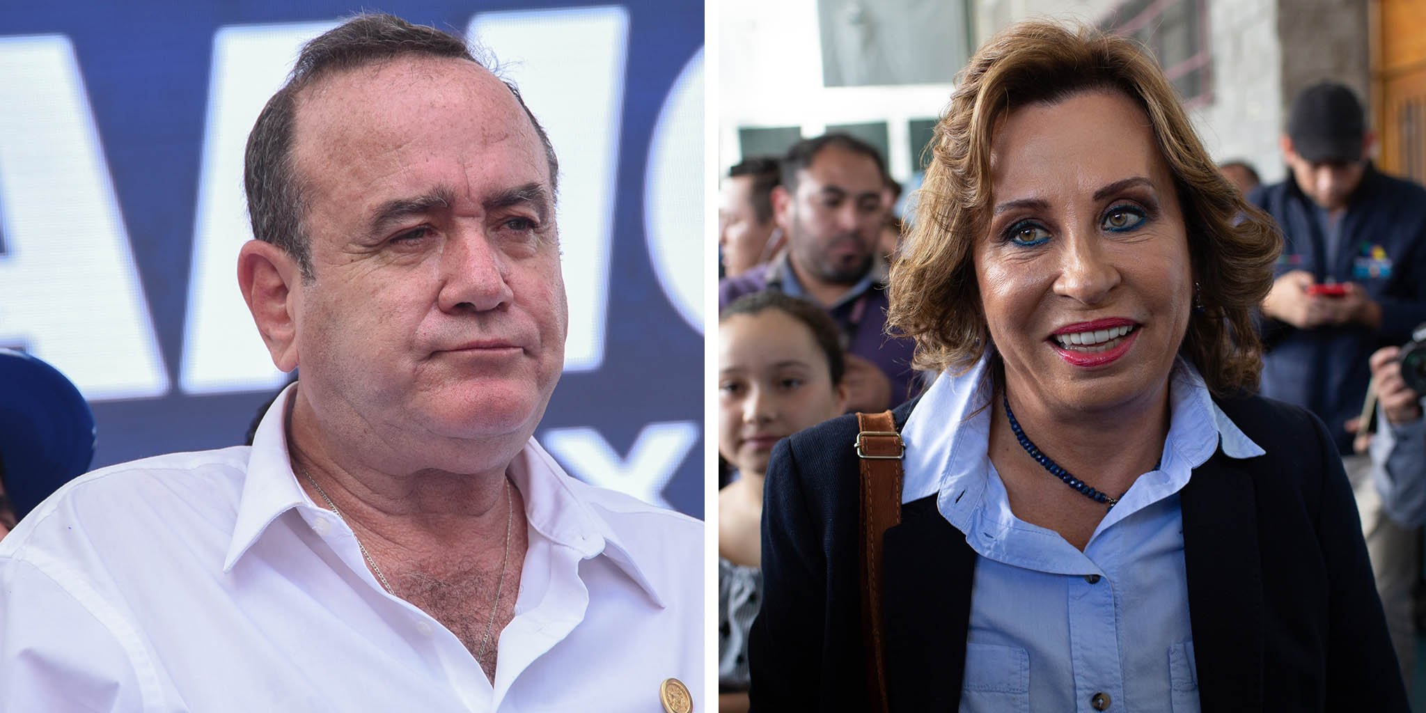 (L) Guatemalan candidate for the Vamos party Alejandro Giammattei attends his campaign closing rally in Guatemala City on August 4, 2019. (R) Sandra Torres, former first lady and presidential candidate for the National Union of Hope (Union Nacional de la Esperanza) party, walks through a polling station after voting in Guatemala City on June 16, 2019. (Orlando Estrada—AFP/Getty Images; James Rodriguez—Bloomberg via Getty Images)