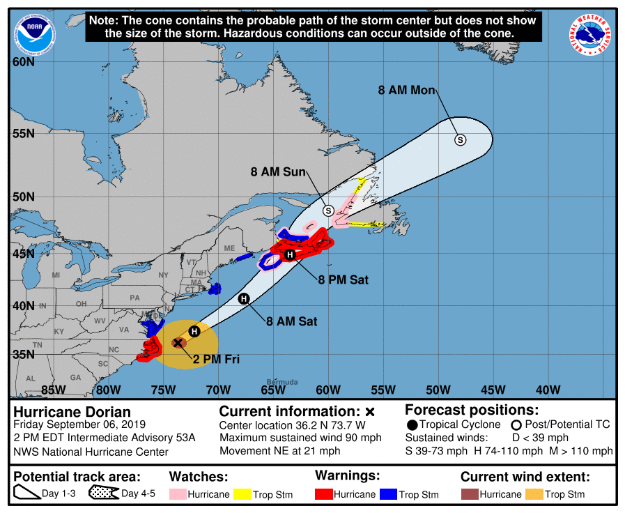 This map from the National Hurricane Center shows Hurricane Dorian's path as of 2 p.m. Friday, Sept. 6, 2019 (National Hurricane Center)