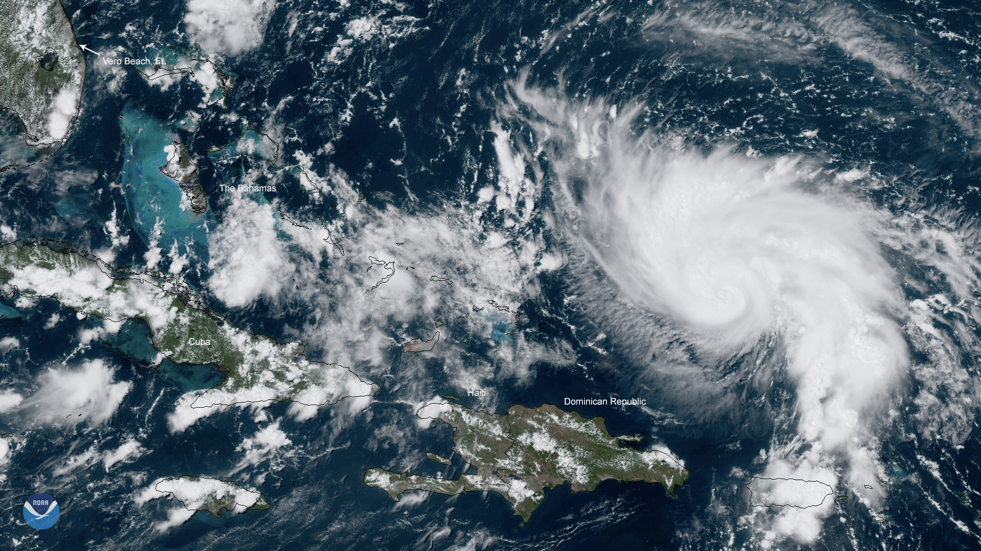 A satellite image of Hurricane Dorian, which is expected to cause tropical-storm-force winds in Florida over the weekend