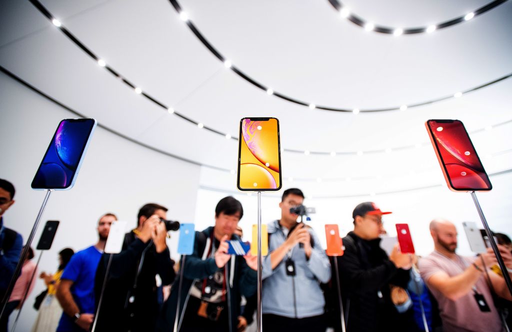Apple iPhone Xr models rest on display during a launch event on September 12, 2018, in Cupertino, California. (Noah Berger&mdash;AFP/Getty Images)