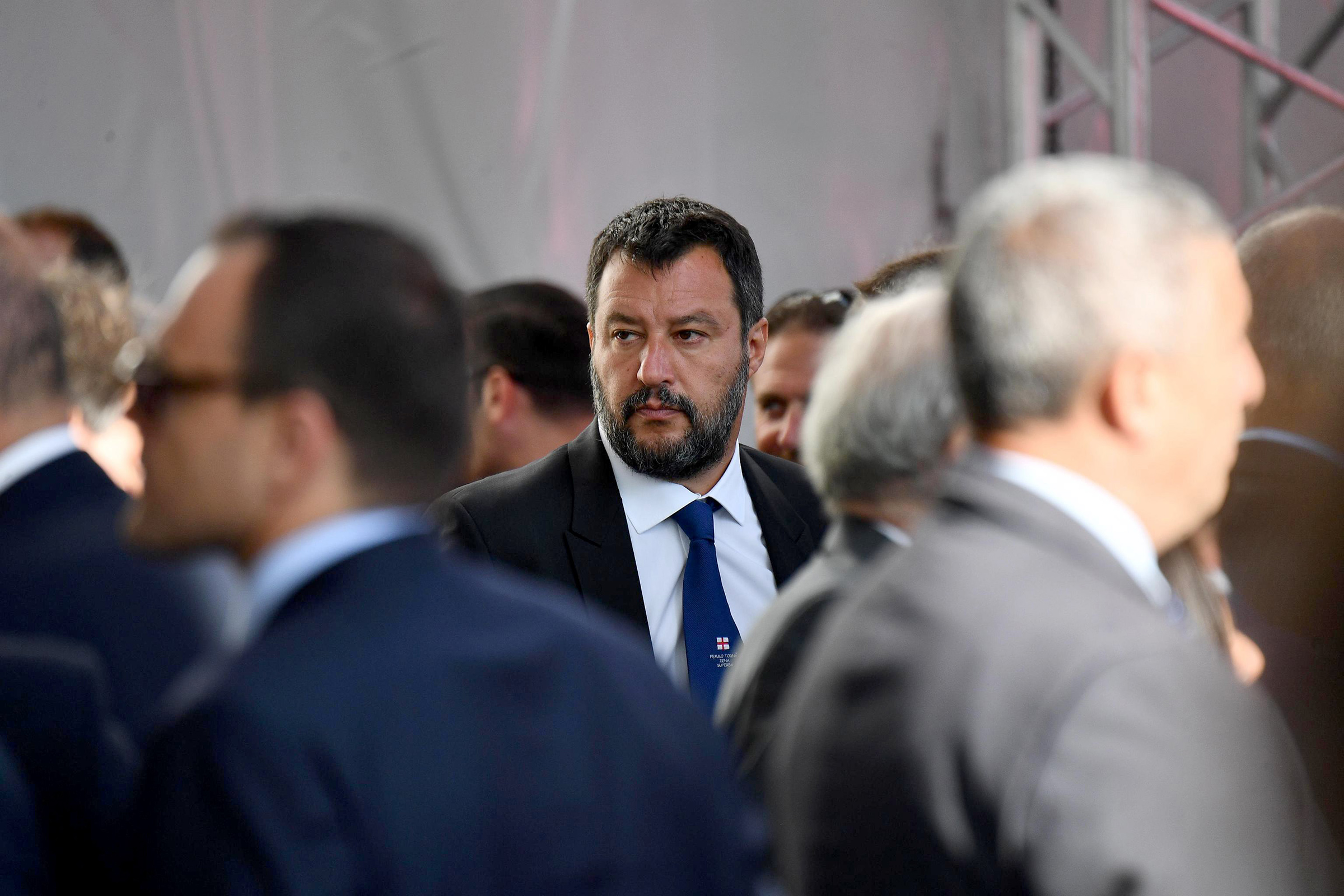 Italian Deputy Premier and Interior Minister Matteo Salvini arrives to attend a memorial ceremony for the victims on the first anniversary of the Morandi highway bridge collapse, in Genoa on August 14. (Luca Zennaro/EPA-EFE/Shutterstock)