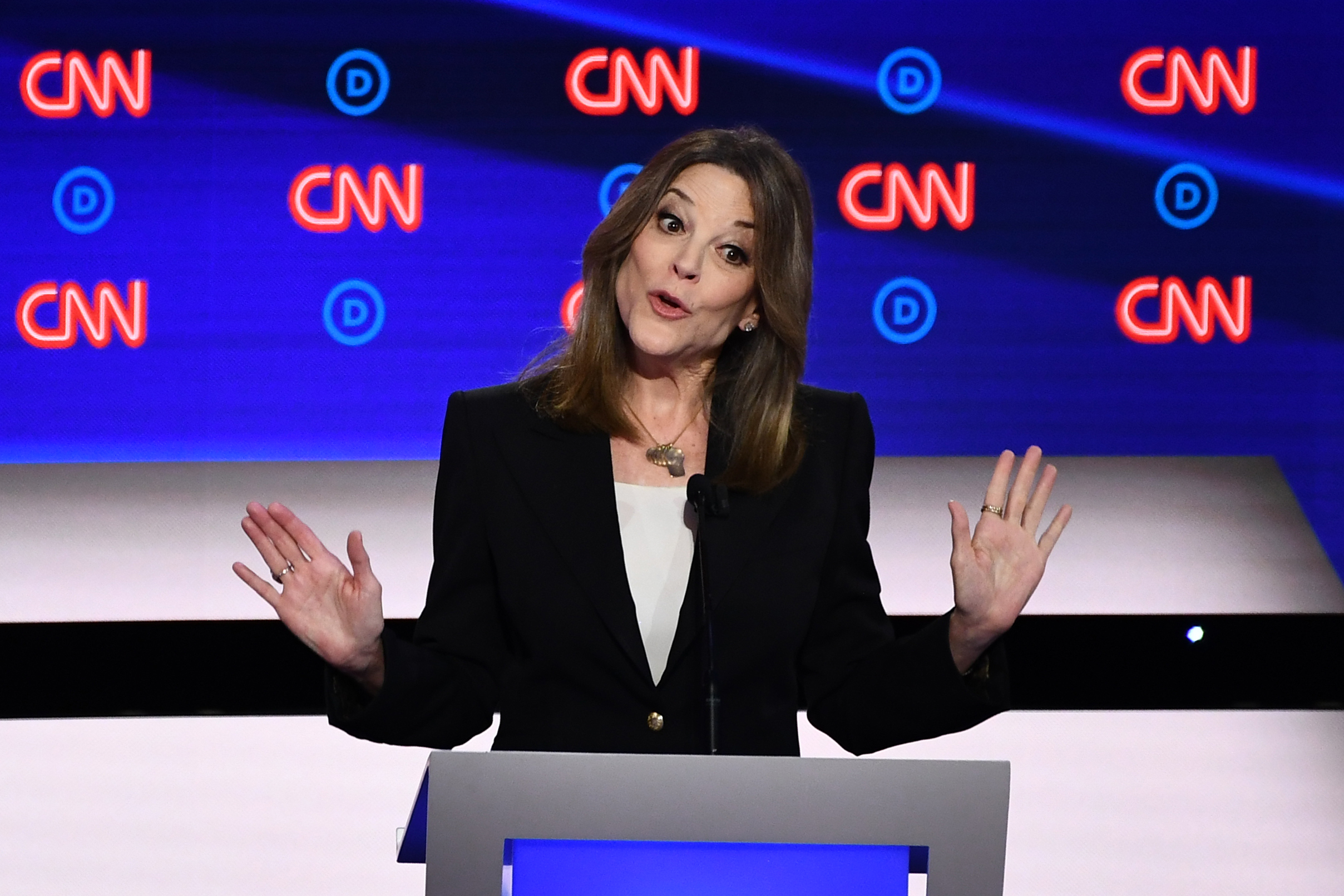 Democratic presidential hopeful US author and writer Marianne Williamson speaks during the first round of the second Democratic primary debate of the 2020 presidential campaign season at the Fox Theatre in Detroit, Michigan on July 30, 2019. (BRENDAN SMIALOWSKI&mdash;AFP/Getty Images)