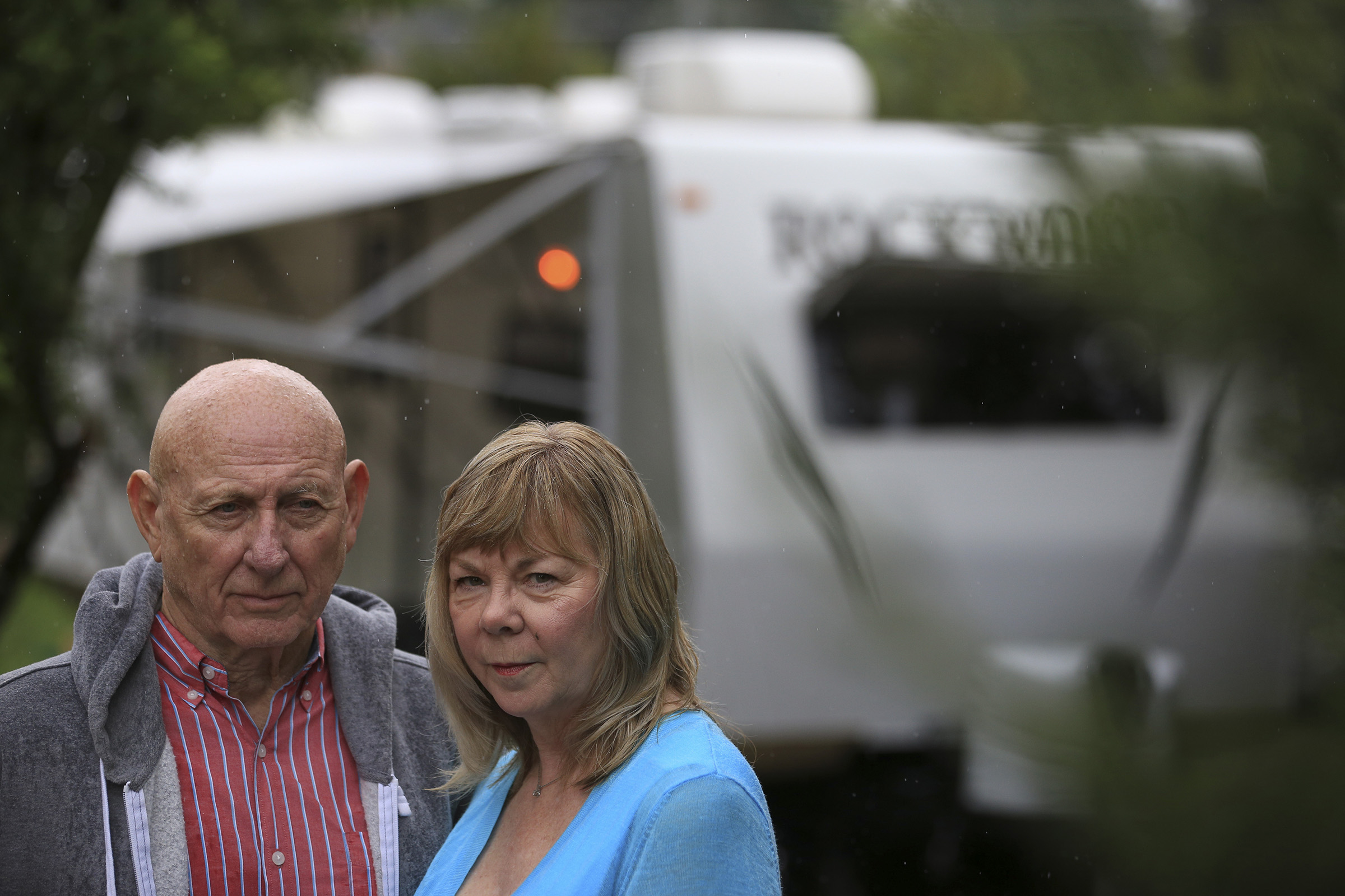 Lonnie, left, and Sandy Phillips drove to Colorado to spend the summer at the courthouse where James Holmes stood trial. He was accused of fatally shooting Phillips's daughter, Jessica Ghawi, and 11 others in Aurora, Colorado in 2015. (Matthew Staver—The New York Times/Redux)