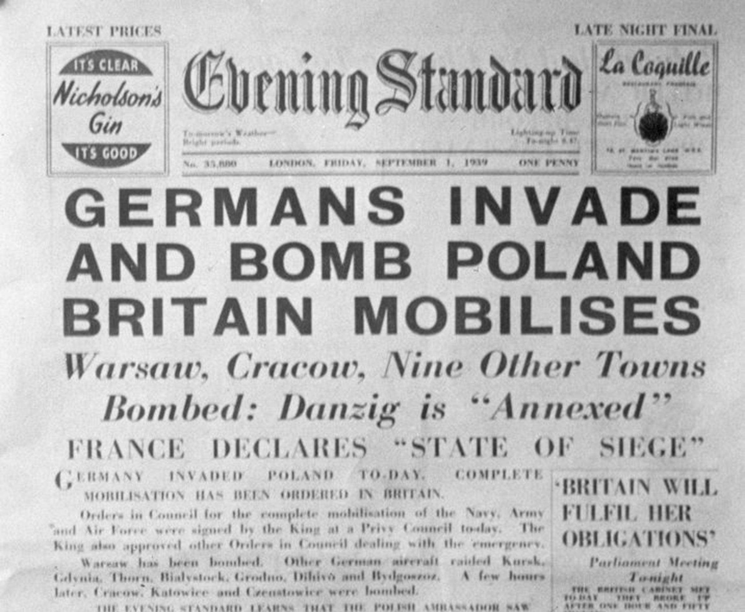 The front page of London's <i>Evening Standard</i> newspaper on Sept. 1, 1939, announcing the German invasion of Poland. (Hulton Archive—Getty Images)