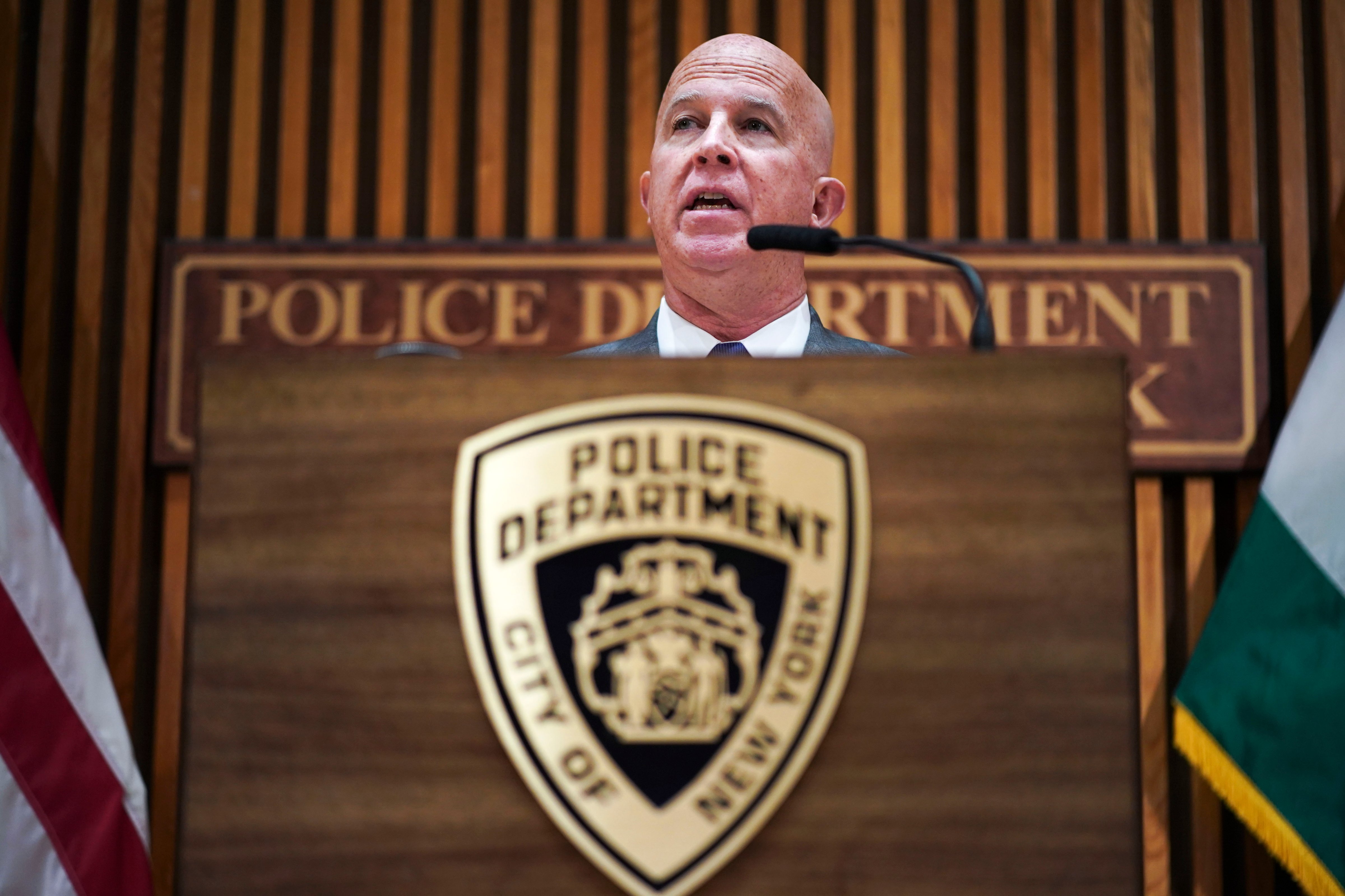 New York City Police Commissioner James O'Neill speaks during a press conference to announce the termination of officer Daniel Pantaleo on August 19, 2019 in New York City. (Drew Angerer—Getty Images)
