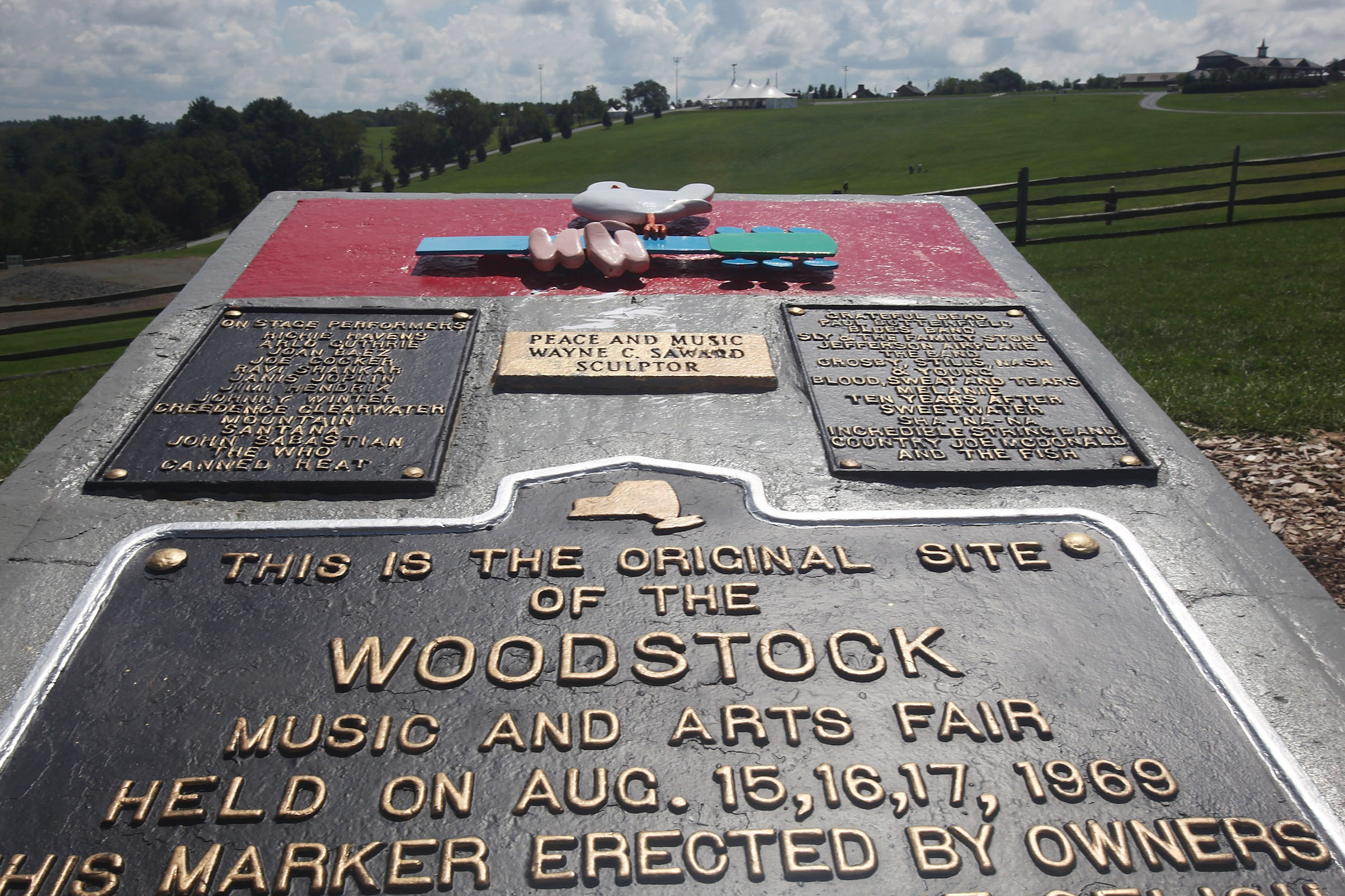 A plaque marks the original site of the Woodstock music festival, seen Aug. 14, 2009 in Bethel, N.Y. (Mario Tama—Getty Images)