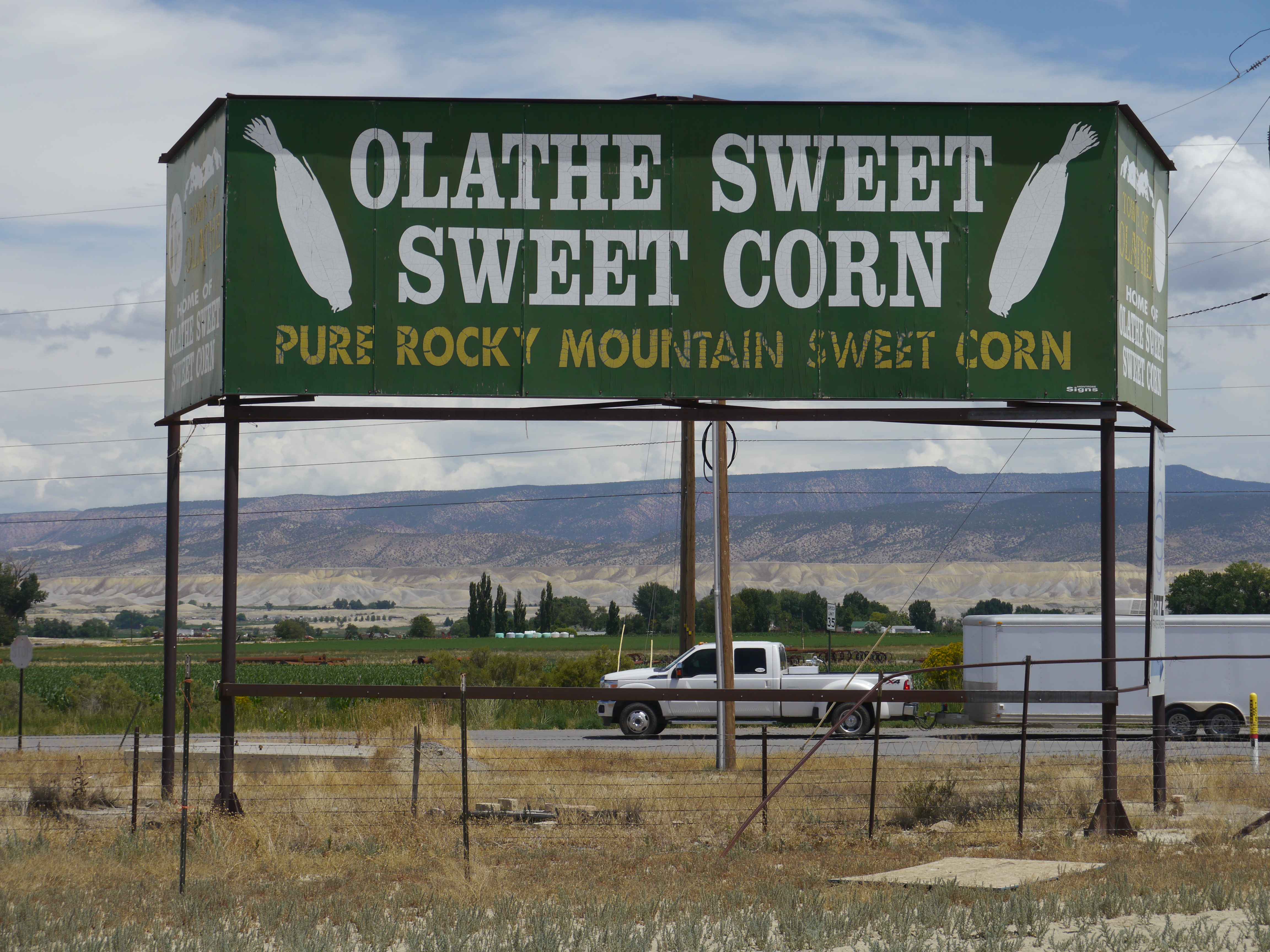A billboard for David Harold’s family farm in Colorado, Olathe Sweet Sweet Corn. (Lucas Isakowitz)