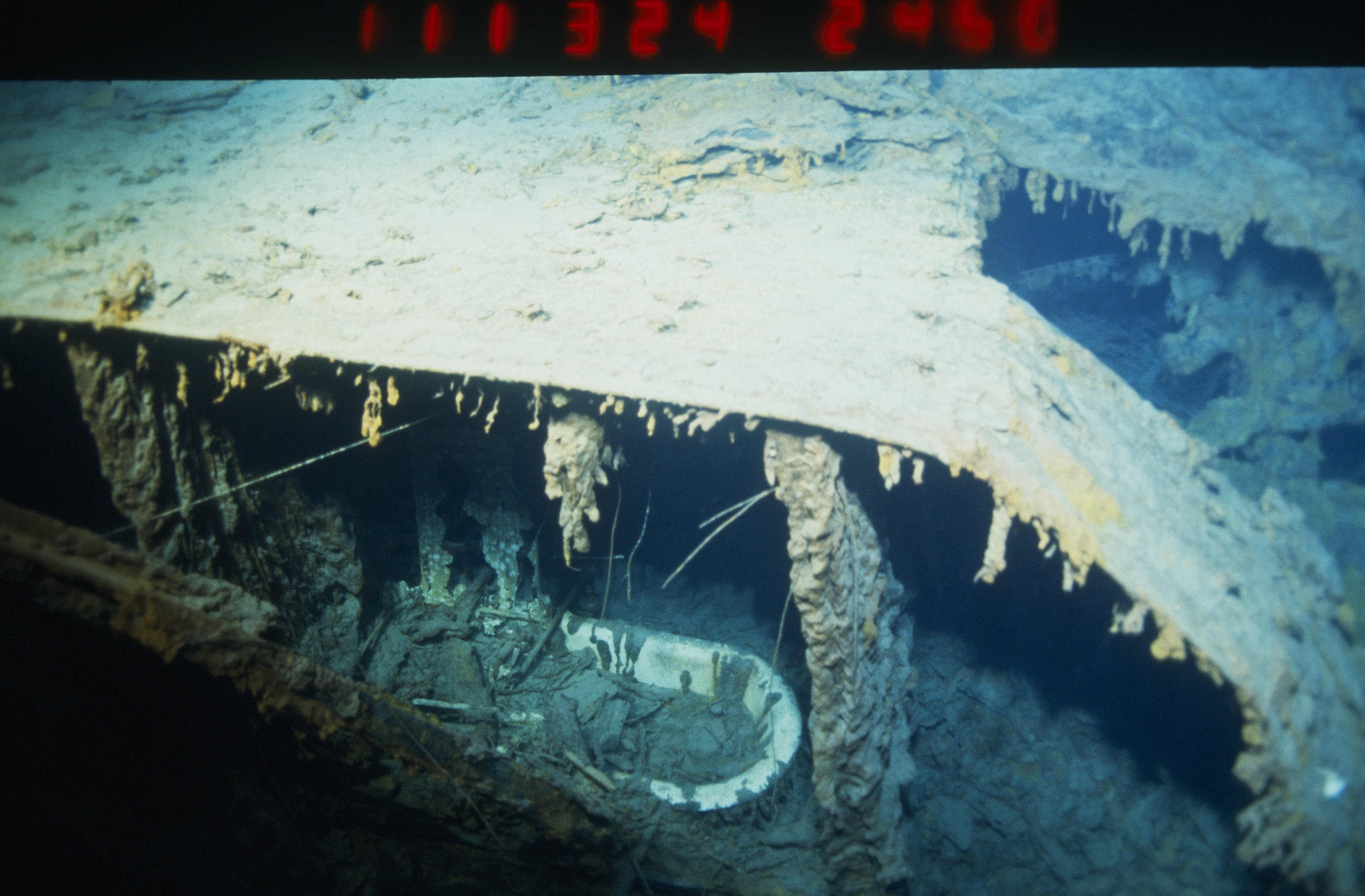 A bathtub, part of one of ship's cabins, photographed on the Atlantic Ocean seabed in 1996. (Xavier DESMIER—Gamma-Rapho via Getty Images)