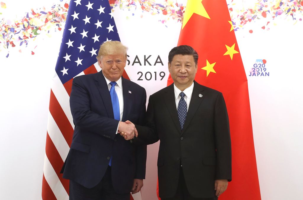Chinese President Xi Jinping (R) shakes hands with US President Donald Trump before a bilateral meeting during the G20 Summit in Osaka, Japan, on June 29, 2019 (Sheng Jiapeng&mdash;China News Service/Visual China Group/Getty Ima)