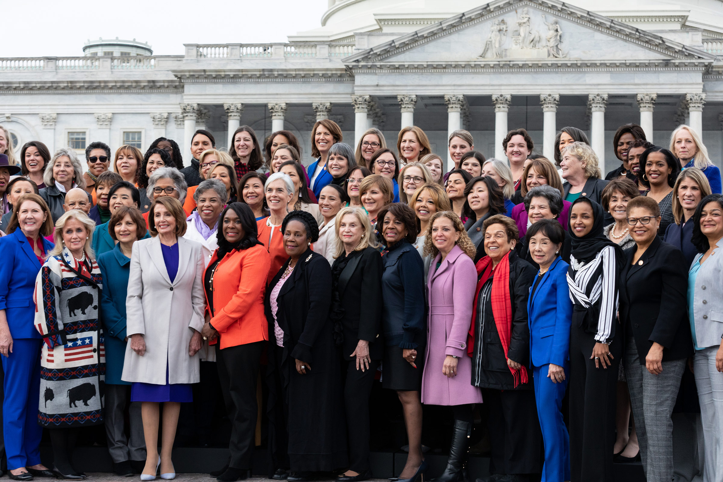 Speaker Nancy Pelosi (D-CA), (4th from left, front row), poses for a group photo with her fellow House Democratic women in front of the U.S. Capitol in Washington, DC, on  January 4. The 116th Congress currently has the largest number of female members. (Cheriss May—NurPhoto/Getty Images)